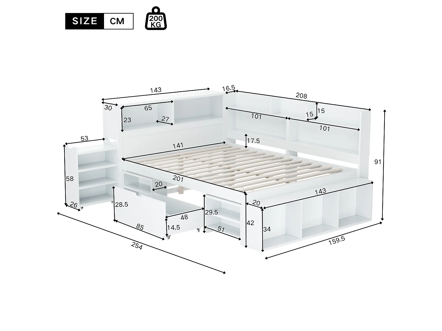 MDF-bed van 140x200 cm - met multifunctionele opbergruimte en een kleine uitneembare boekenkast - met lattenbodem - Wit