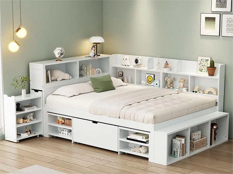 Łóżko 140x200cm z MDF - z wielofunkcyjnym schowkiem i małą, ruchomą biblioteczką - z stelażem na listwy - Białe