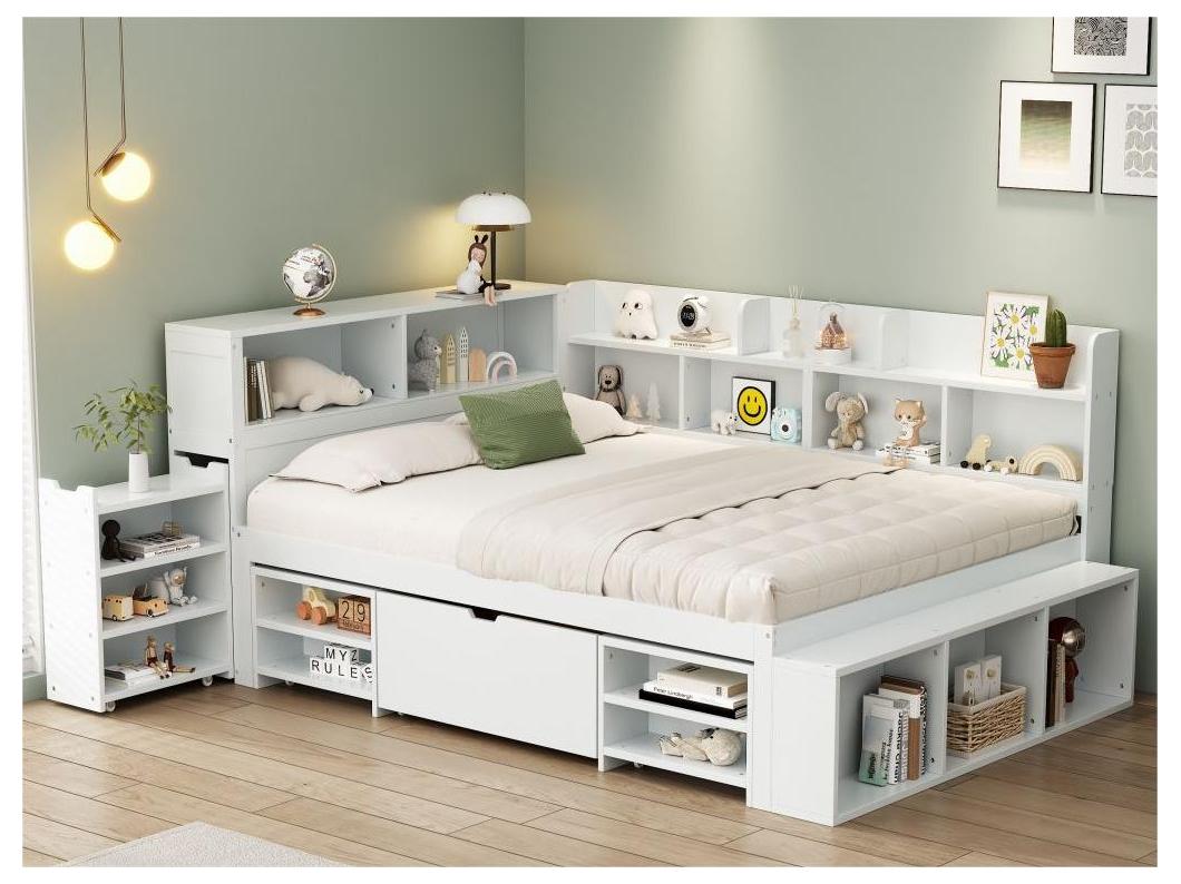 Letto in MDF 140x200 cm - con contenitore multifunzione e piccola libreria rimovibile - con rete a doghe - Bianco