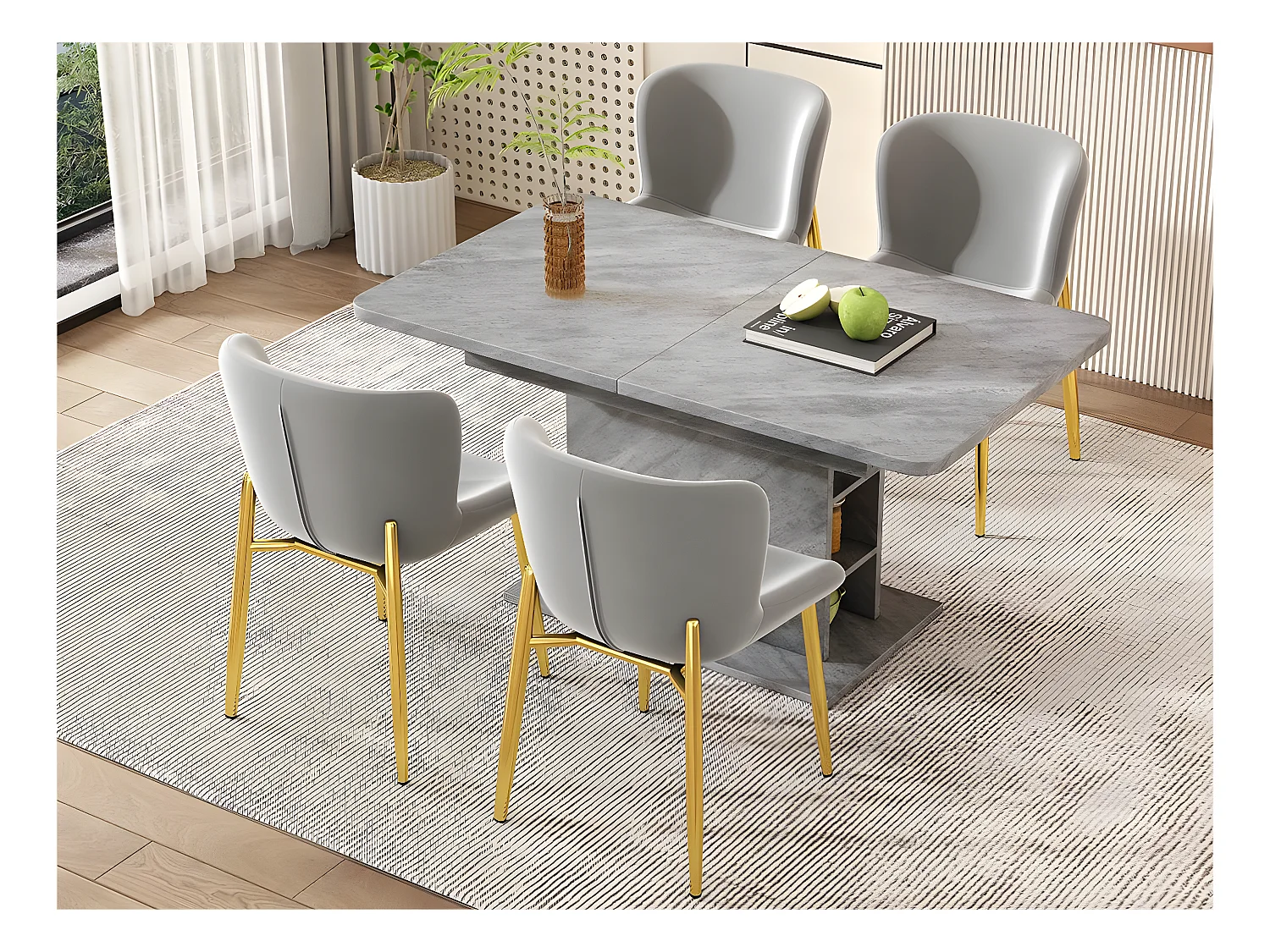 Lot de 4 Chaises rembourré en velours - avec pieds en métal doré – style contemporain - Gris
