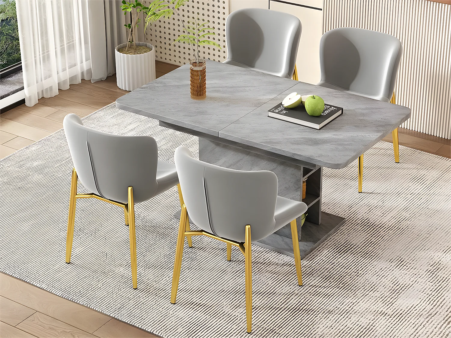 Lot de 4 Chaises rembourré en velours - avec pieds en métal doré – style contemporain - Gris