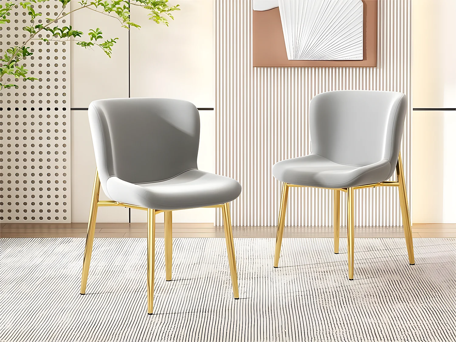 Lot de 2 Chaises rembourré en velours - avec pieds en métal doré – style contemporain - Gris