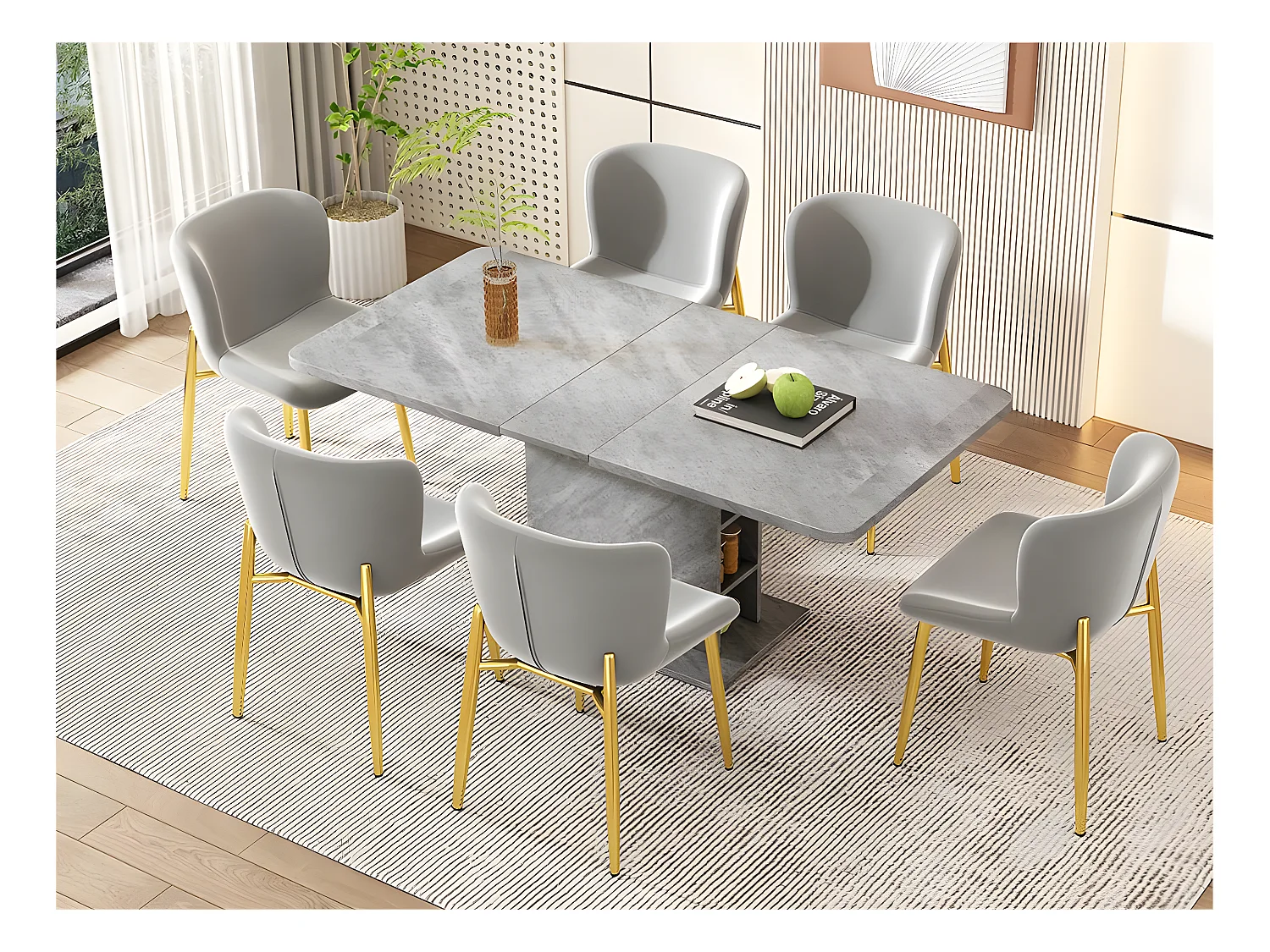 Lot de 6 Chaises rembourré en velours - avec pieds en métal doré – style contemporain - Gris