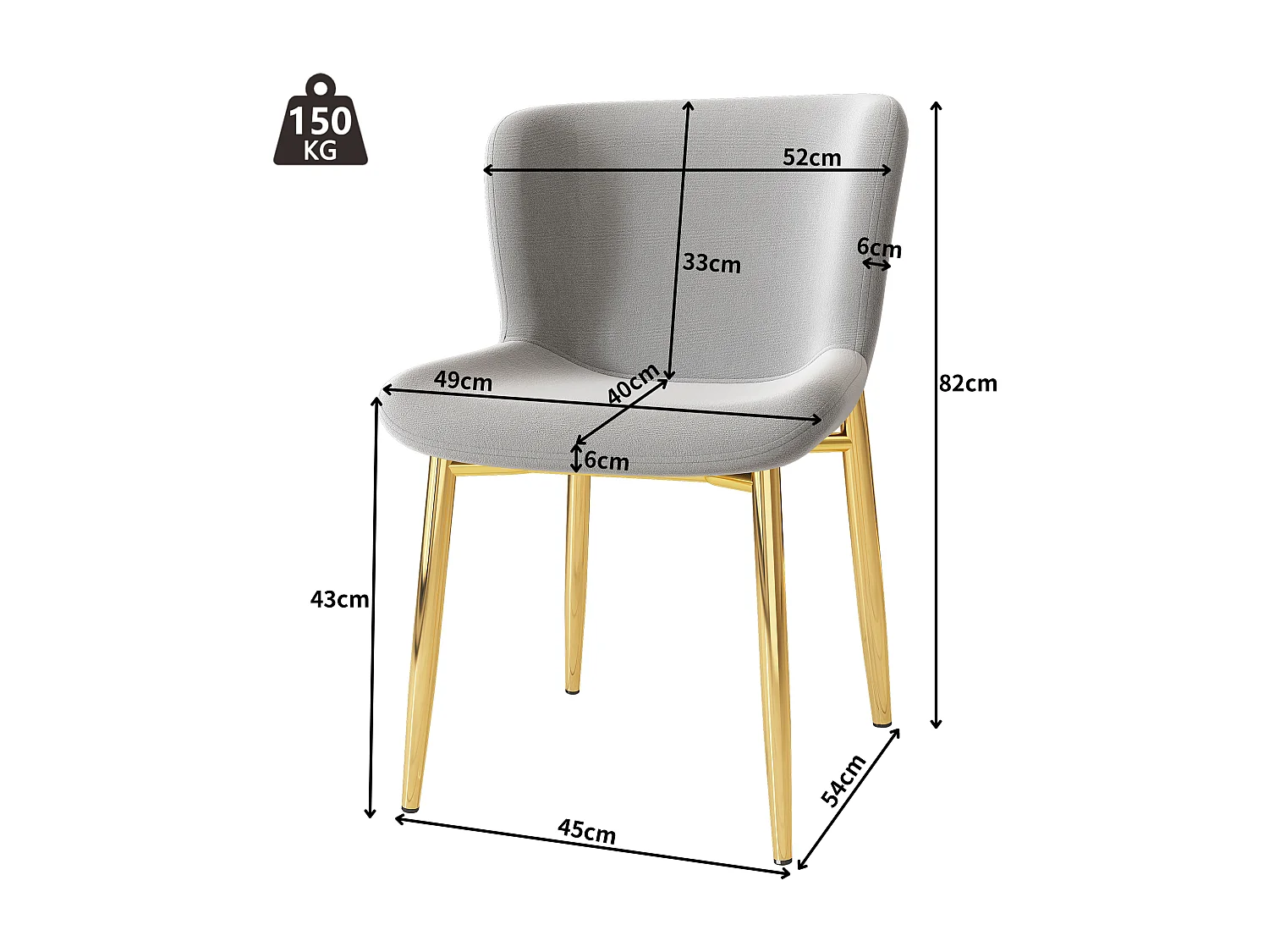 Lot de 6 Chaises rembourré en velours - avec pieds en métal doré – style contemporain - Gris