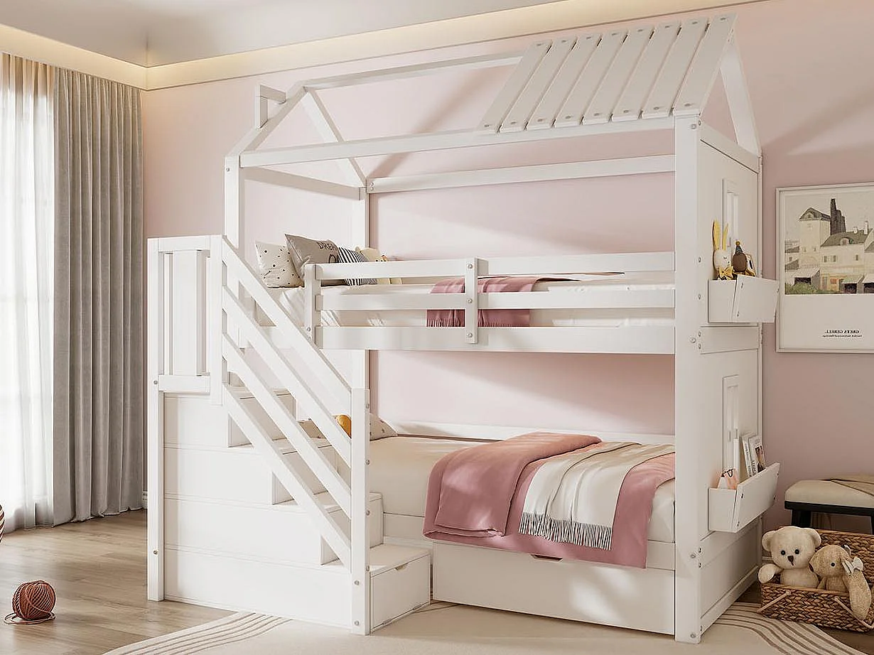 Kinderstapelbed 90x200cm - met opbergtrap + 2 lades + legplanken - in grenenhout en MDF - Wit