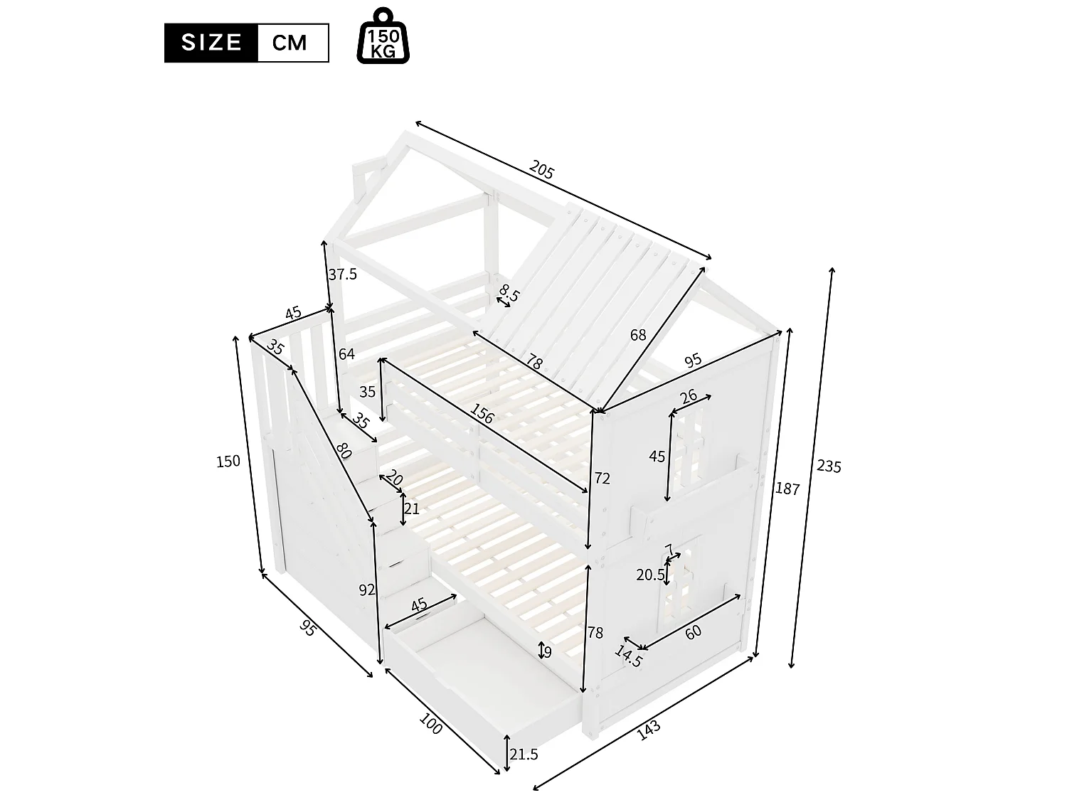 Kinderstapelbed 90x200cm - met opbergtrap + 2 lades + legplanken - in grenenhout en MDF - Wit