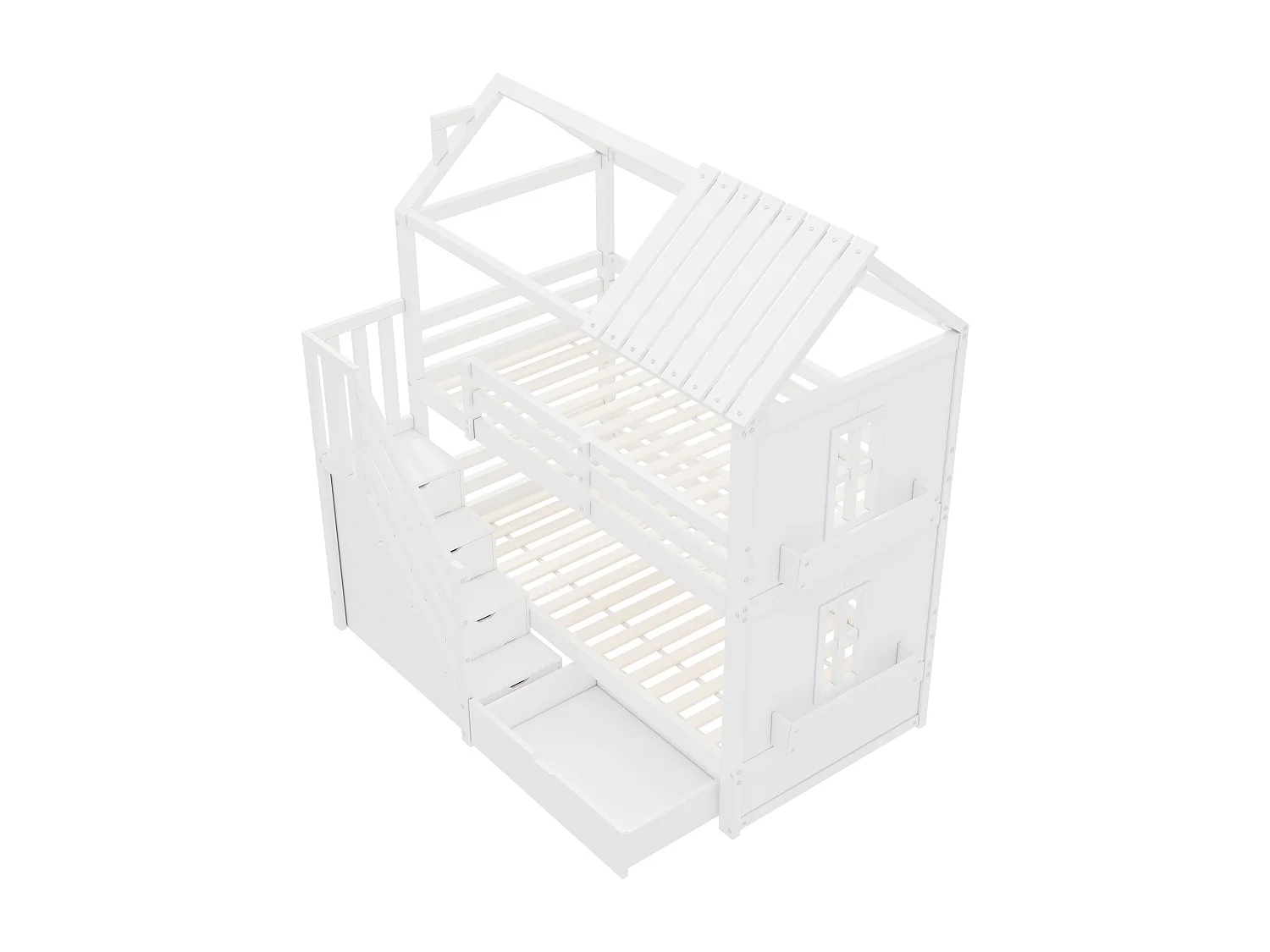 Kinderstapelbed 90x200cm - met opbergtrap + 2 lades + legplanken - in grenenhout en MDF - Wit