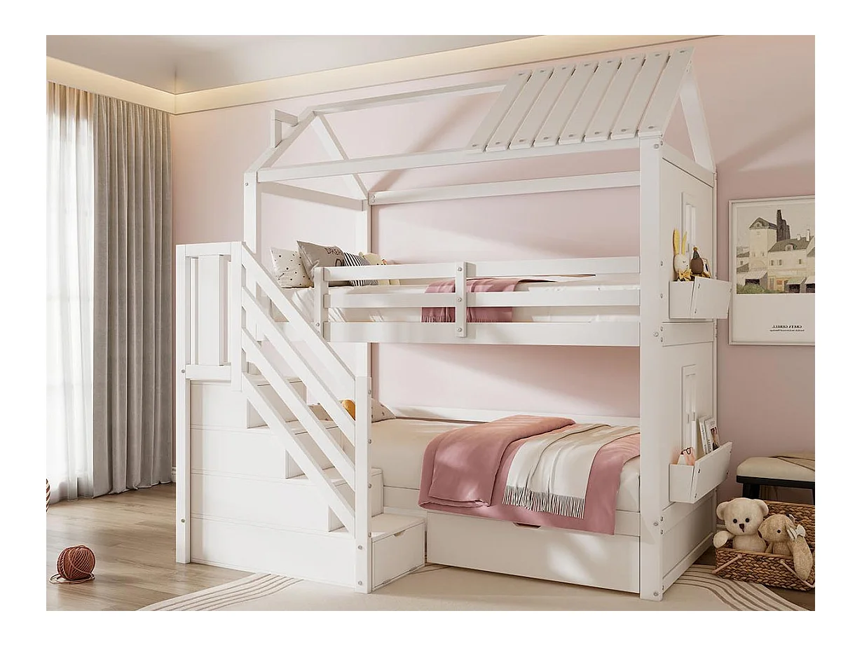Lit superposé pour enfant 90x200cm - avec escalier de rangement + 2 tiroirs + étagères - en bois de pin et MDF - Blanc