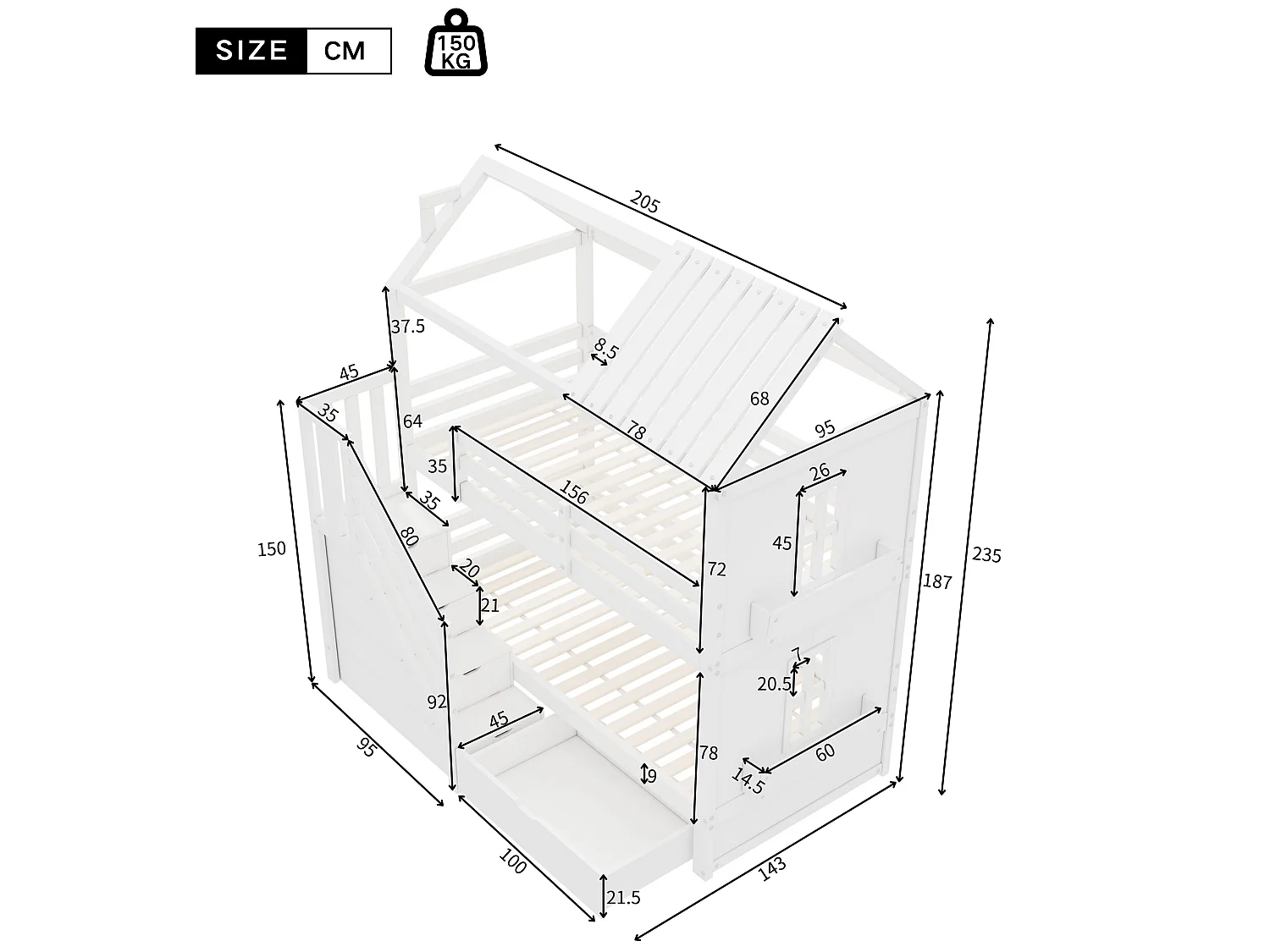 Lit superposé pour enfant 90x200cm - avec escalier de rangement + 2 tiroirs + étagères - en bois de pin et MDF - Blanc