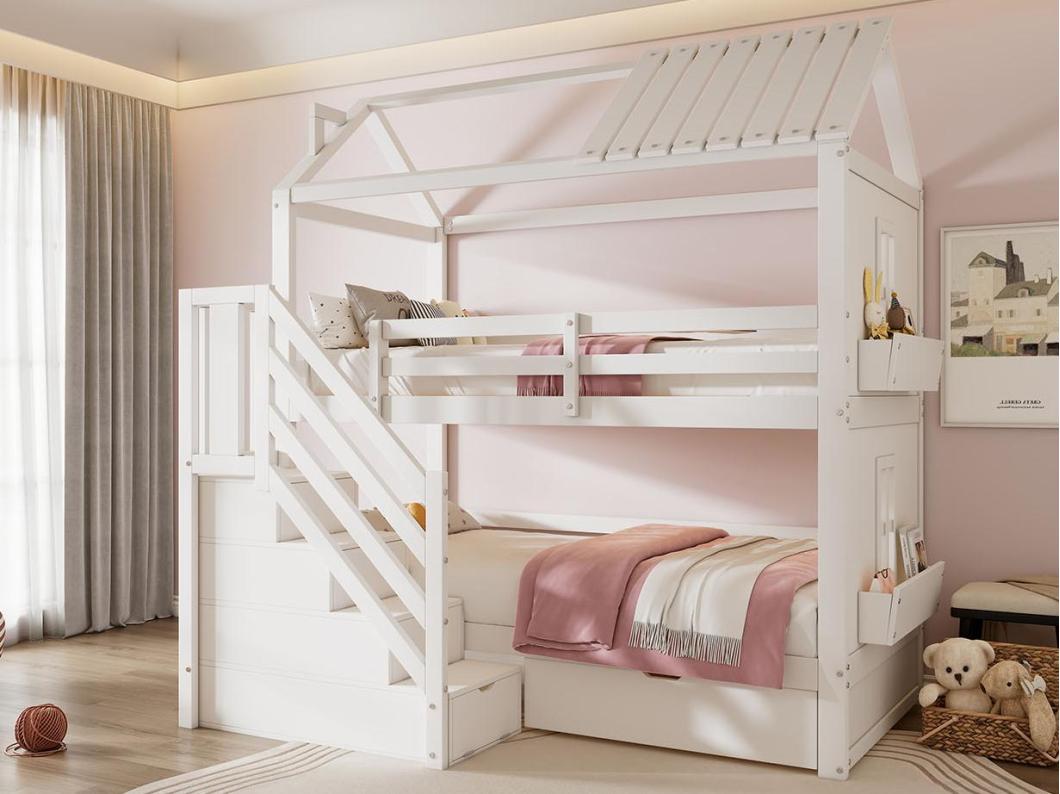 Letto a castello per bambini 90x200cm - con scale contenitore + 2 cassetti + ripiani - in legno di pino e MDF - Bianco