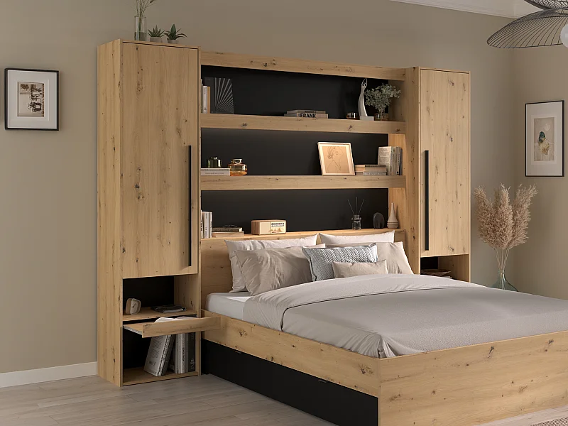 Ponte de cama com espaços de arrumação e LEDs, C269 cm cor natural e preto - VARLY