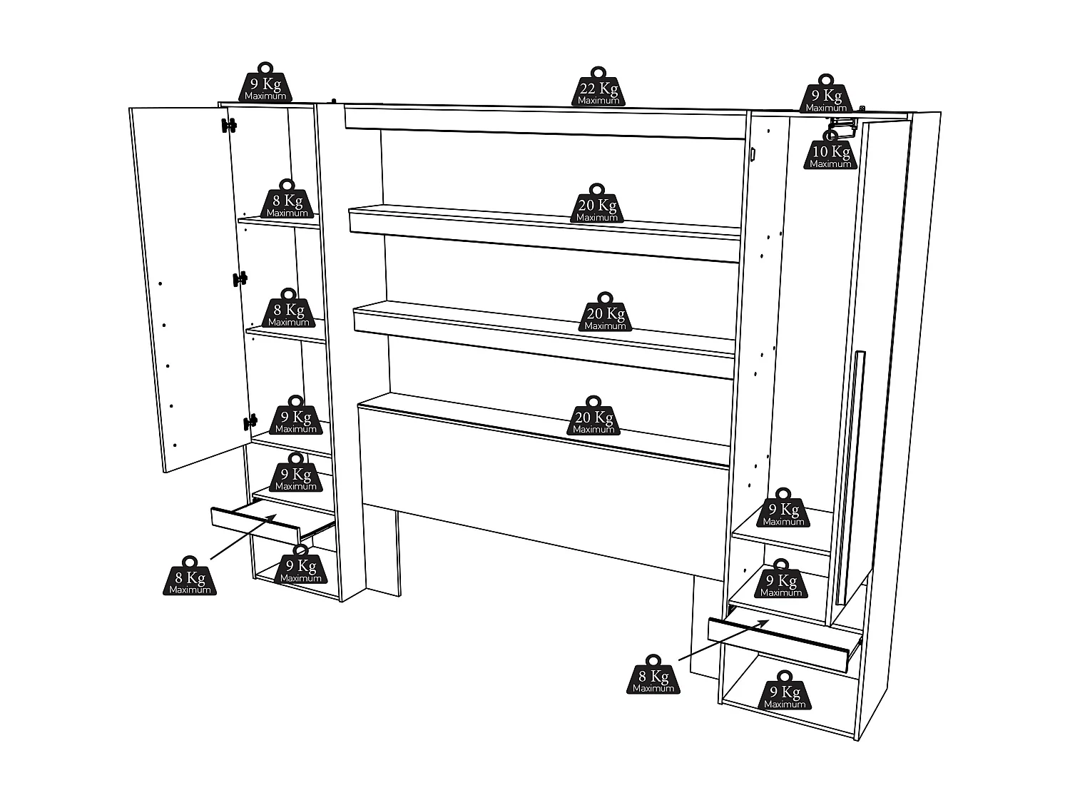 Pont de lit avec rangements et LEDs - L269 cm - Coloris : Naturel et noir - VARLY