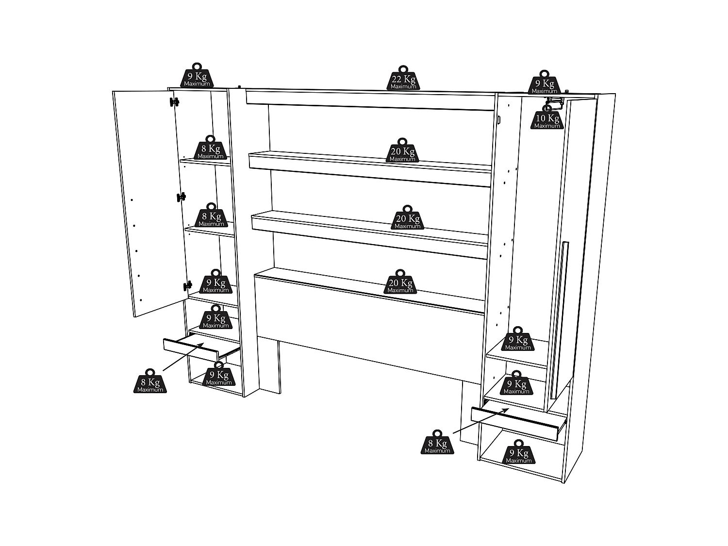 Puente de cama con almacenaje y LED - L269 cm - Color: Natural y negro - VARLY