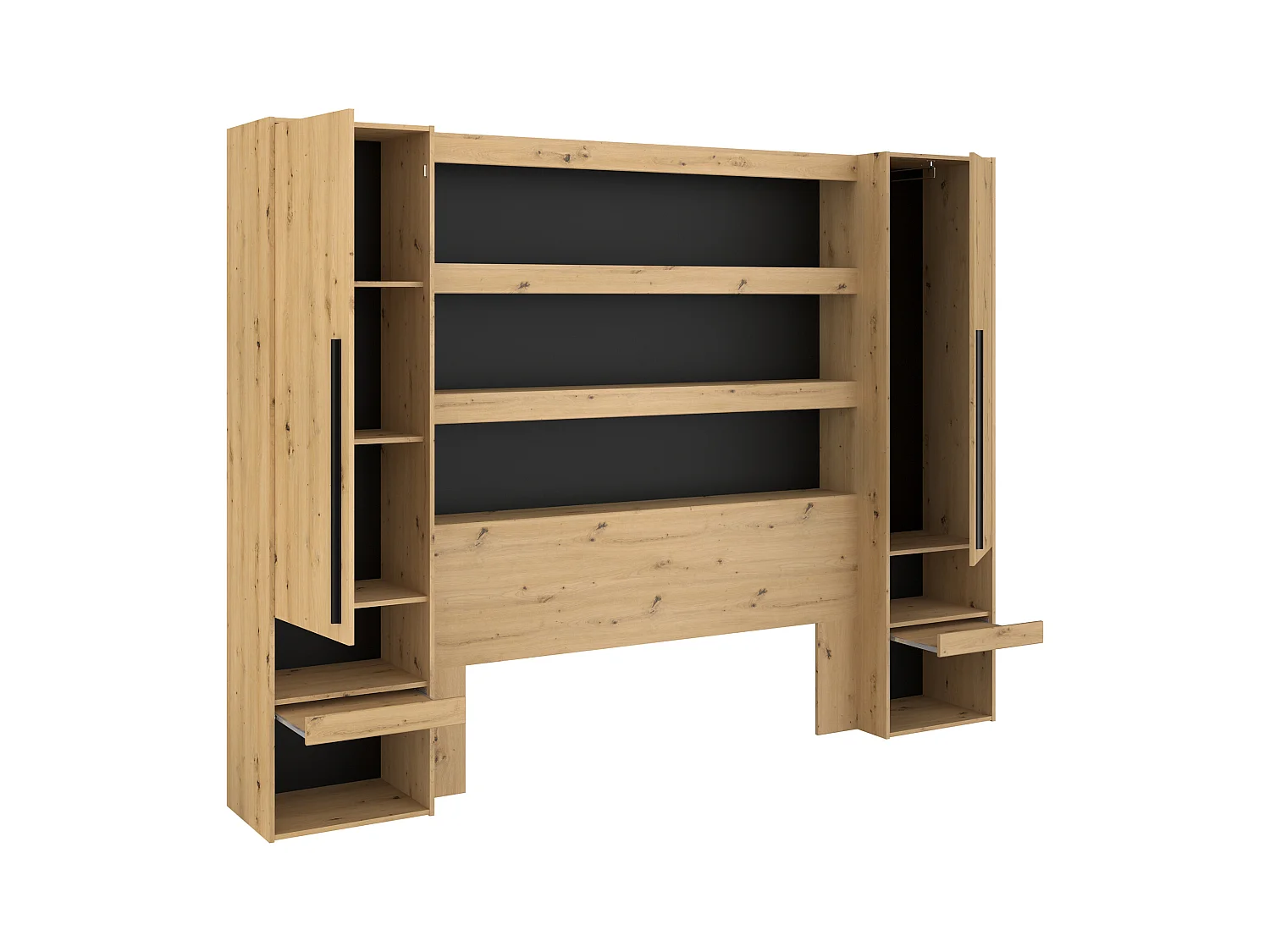 Puente de cama con almacenaje y LED - L269 cm - Color: Natural y negro - VARLY