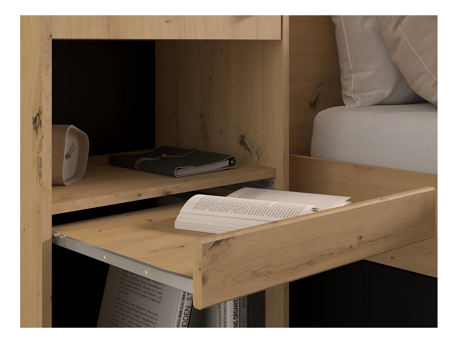 Puente de cama con almacenaje y LED - L269 cm - Color: Natural y negro - VARLY