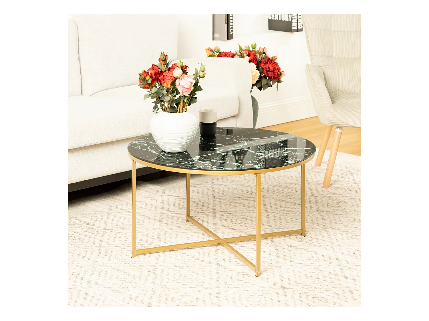 URBAN MEUBLE Mesa de centro de cristal verde, mesa baja redonda para salón, mesa auxiliar, grano de mármol, patas de metal dorado, 80*80*45 cm