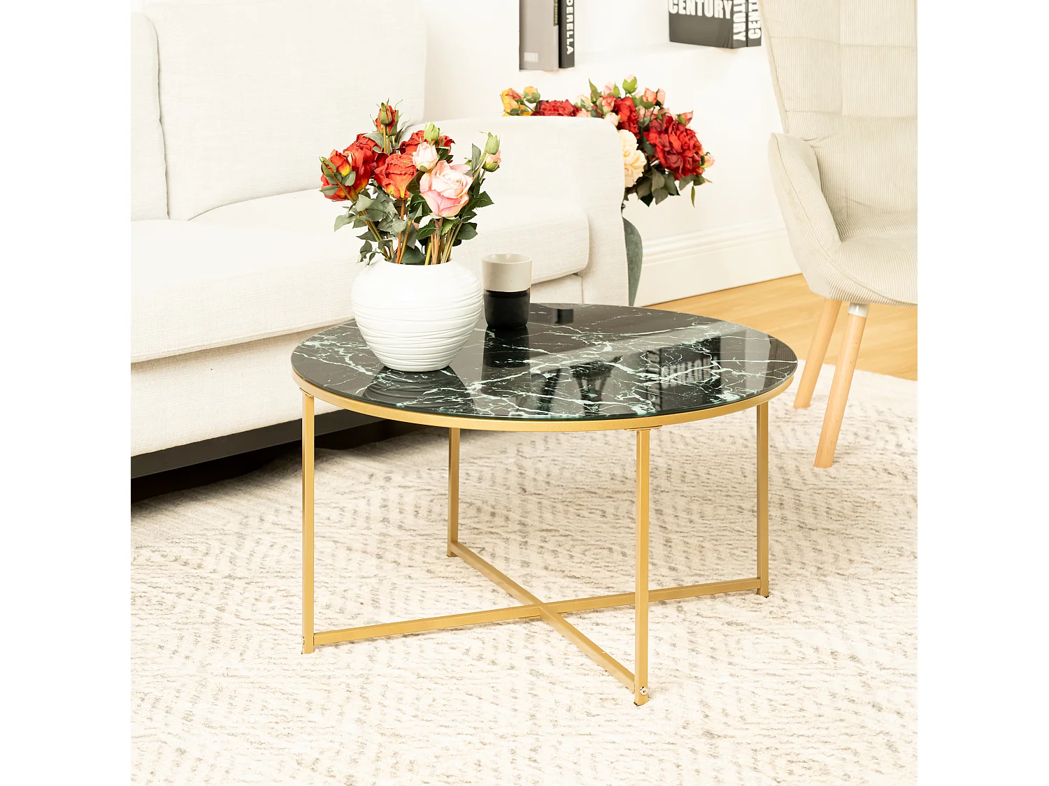 URBAN MEUBLE Mesa de centro de cristal verde, mesa baja redonda para salón, mesa auxiliar, grano de mármol, patas de metal dorado, 80*80*45 cm