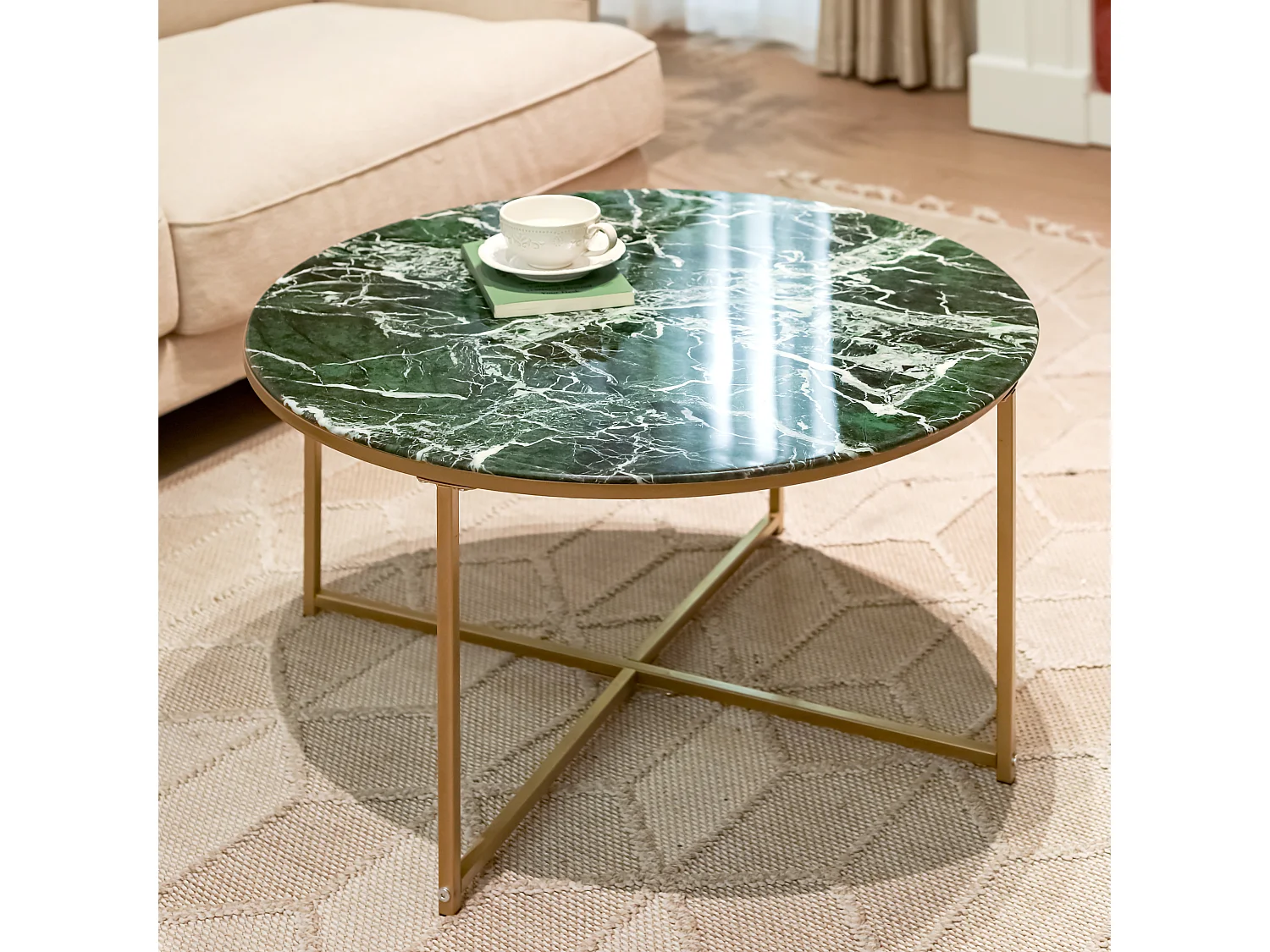 URBAN MEUBLE Mesa de centro de cristal verde, mesa baja redonda para salón, mesa auxiliar, grano de mármol, patas de metal dorado, 80*80*45 cm