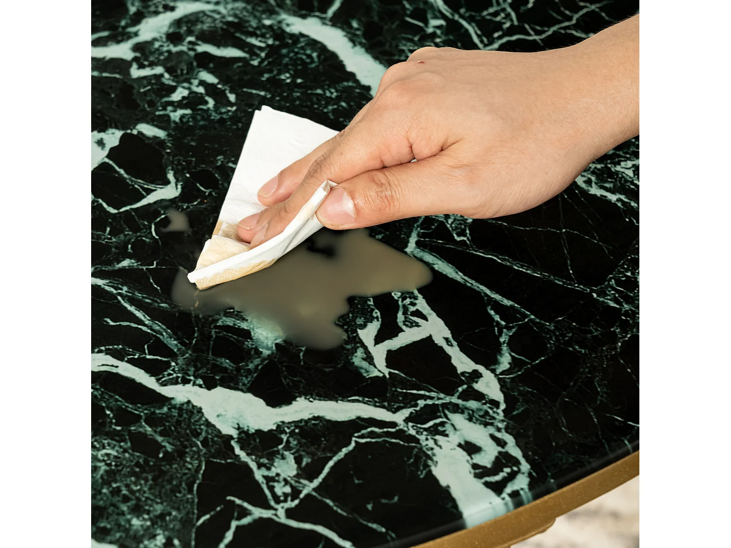 URBAN MEUBLE Mesa de centro de cristal verde, mesa baja redonda para salón, mesa auxiliar, grano de mármol, patas de metal dorado, 80*80*45 cm