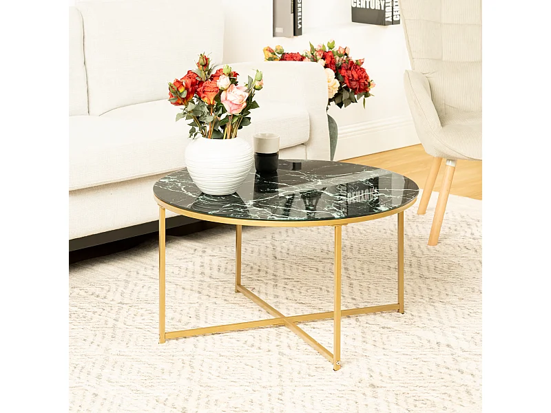 URBAN MEUBLE Mesa de centro de cristal verde, mesa baja redonda para salón, mesa auxiliar, grano de mármol, patas de metal dorado, 80*80*45 cm