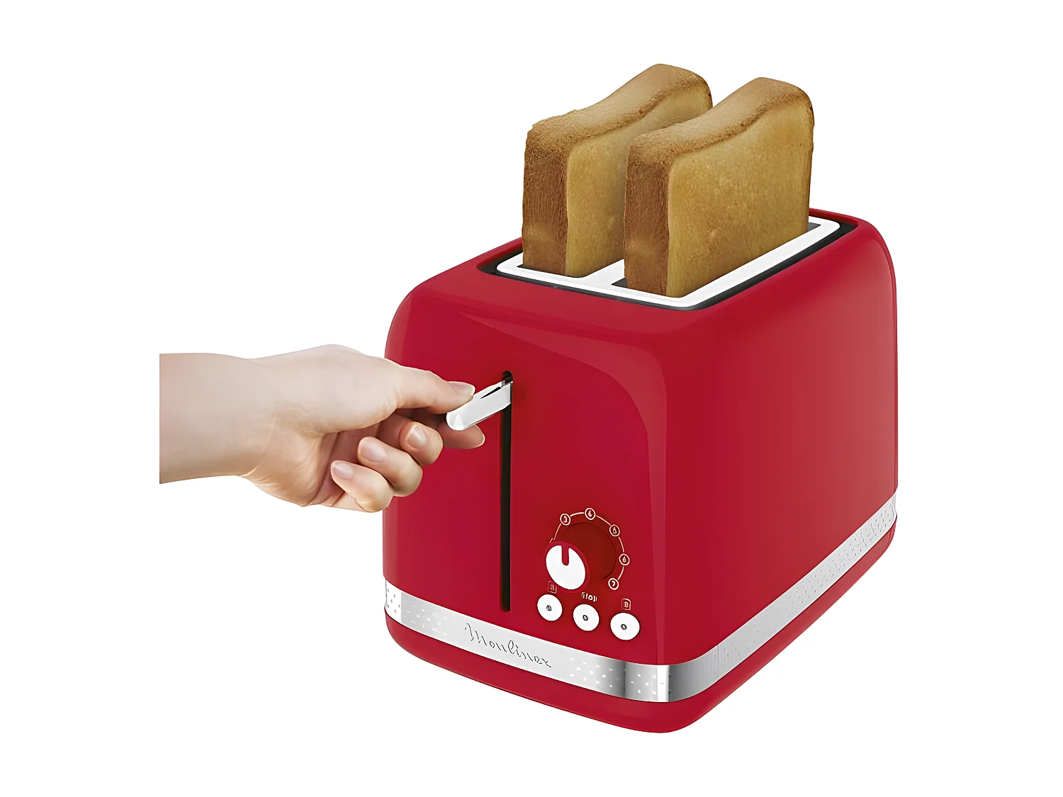Moulinex Soleil broodrooster voor 2 sneetjes, 850W, retro rood met thermostaat met 7 standen en ontdooi- en opwarmfuncties