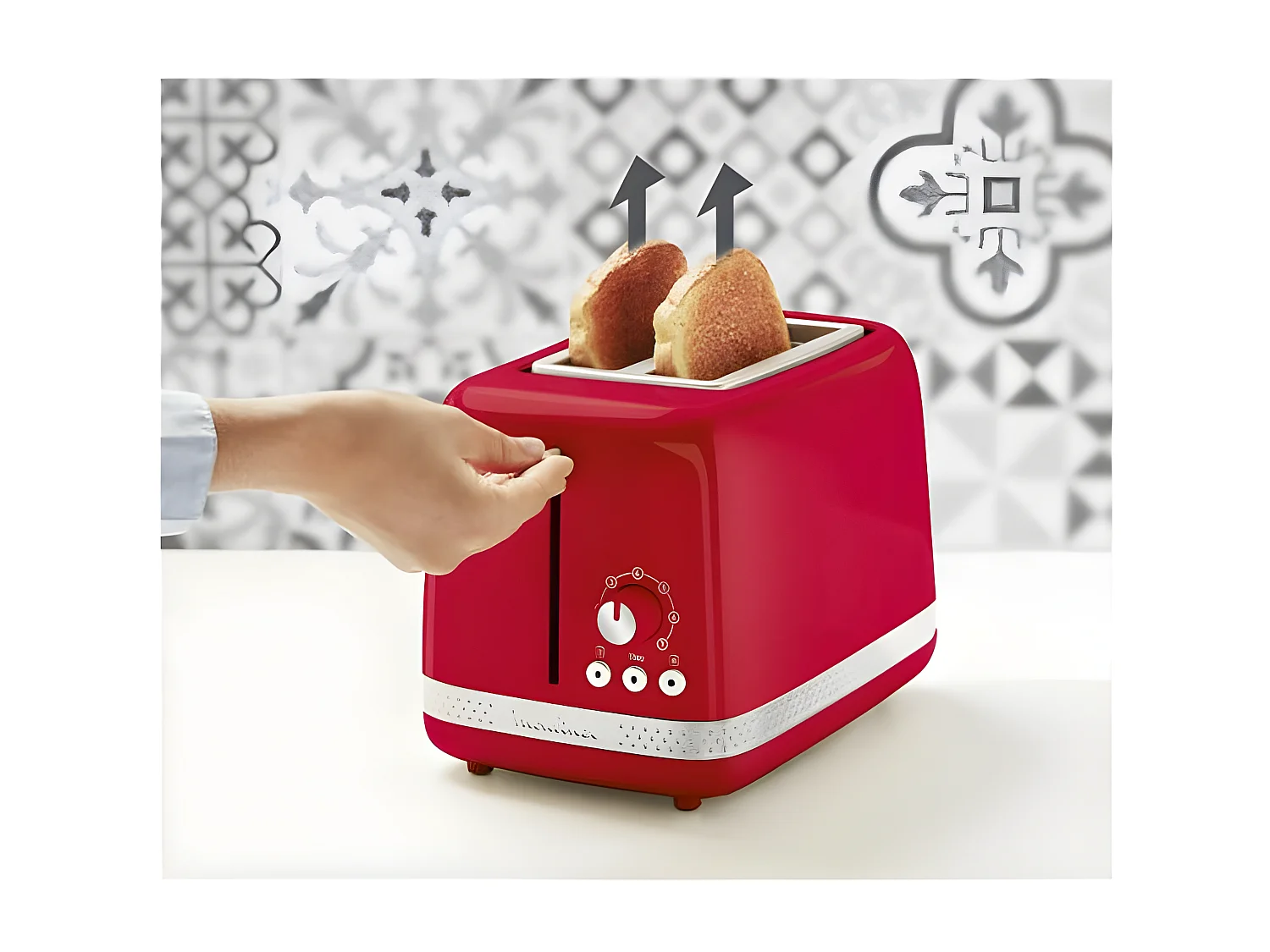 Moulinex Soleil broodrooster voor 2 sneetjes, 850W, retro rood met thermostaat met 7 standen en ontdooi- en opwarmfuncties