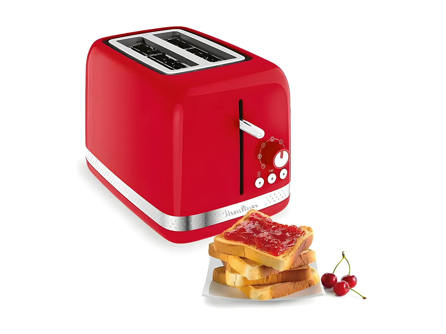 Moulinex Soleil broodrooster voor 2 sneetjes, 850W, retro rood met thermostaat met 7 standen en ontdooi- en opwarmfuncties