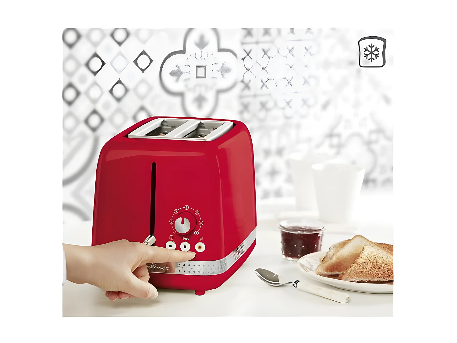 Torradeira Moulinex Soleil 2 fatias 850W retro vermelha com termostato de 7 posições e funções de descongelamento e reaquecimento