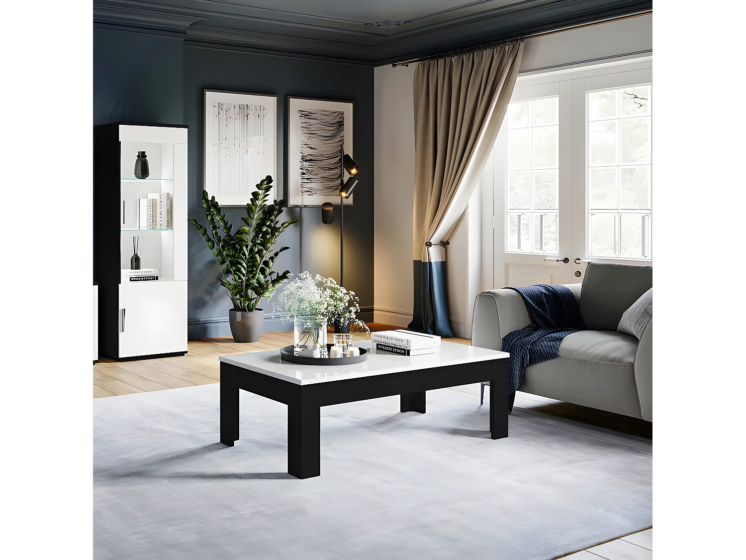 Table basse Noir/Blanc laqué - REVE - L 130 x l 43 x H 70 cm