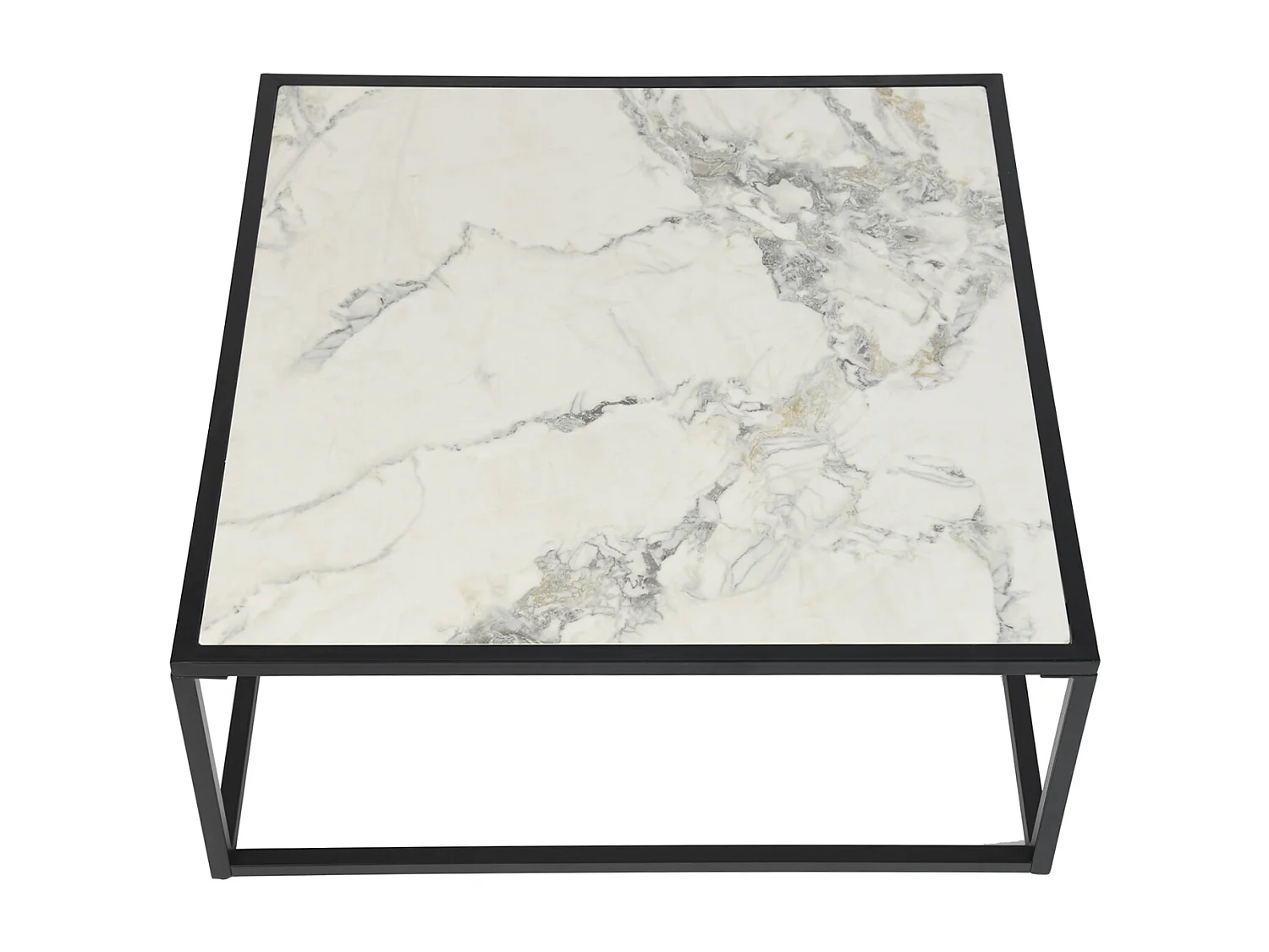Table basse carrée pierre effet marbre blanc structure noir 80x80cm GAZUDS