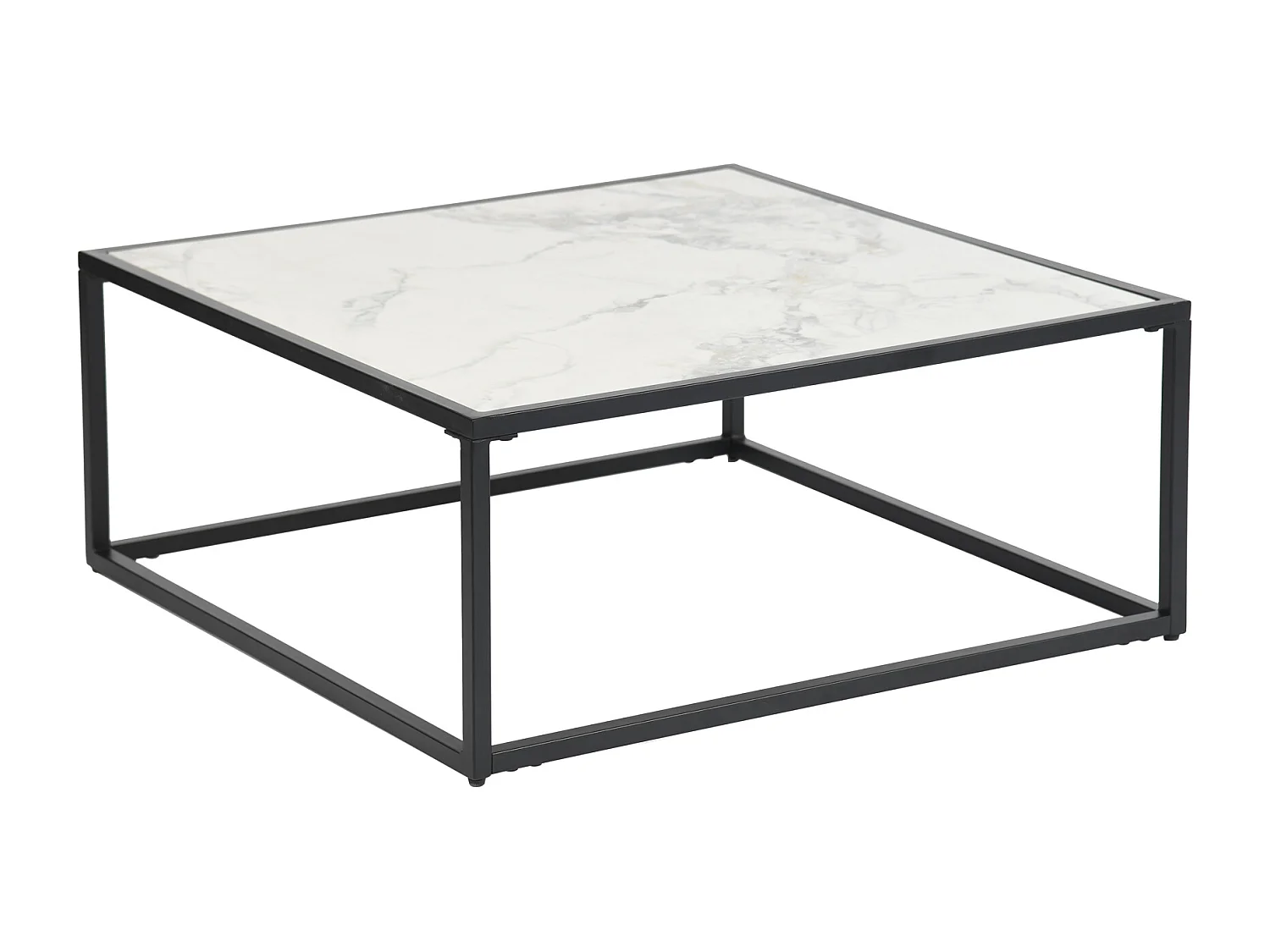 Table basse carrée pierre effet marbre blanc structure noir 80x80cm GAZUDS