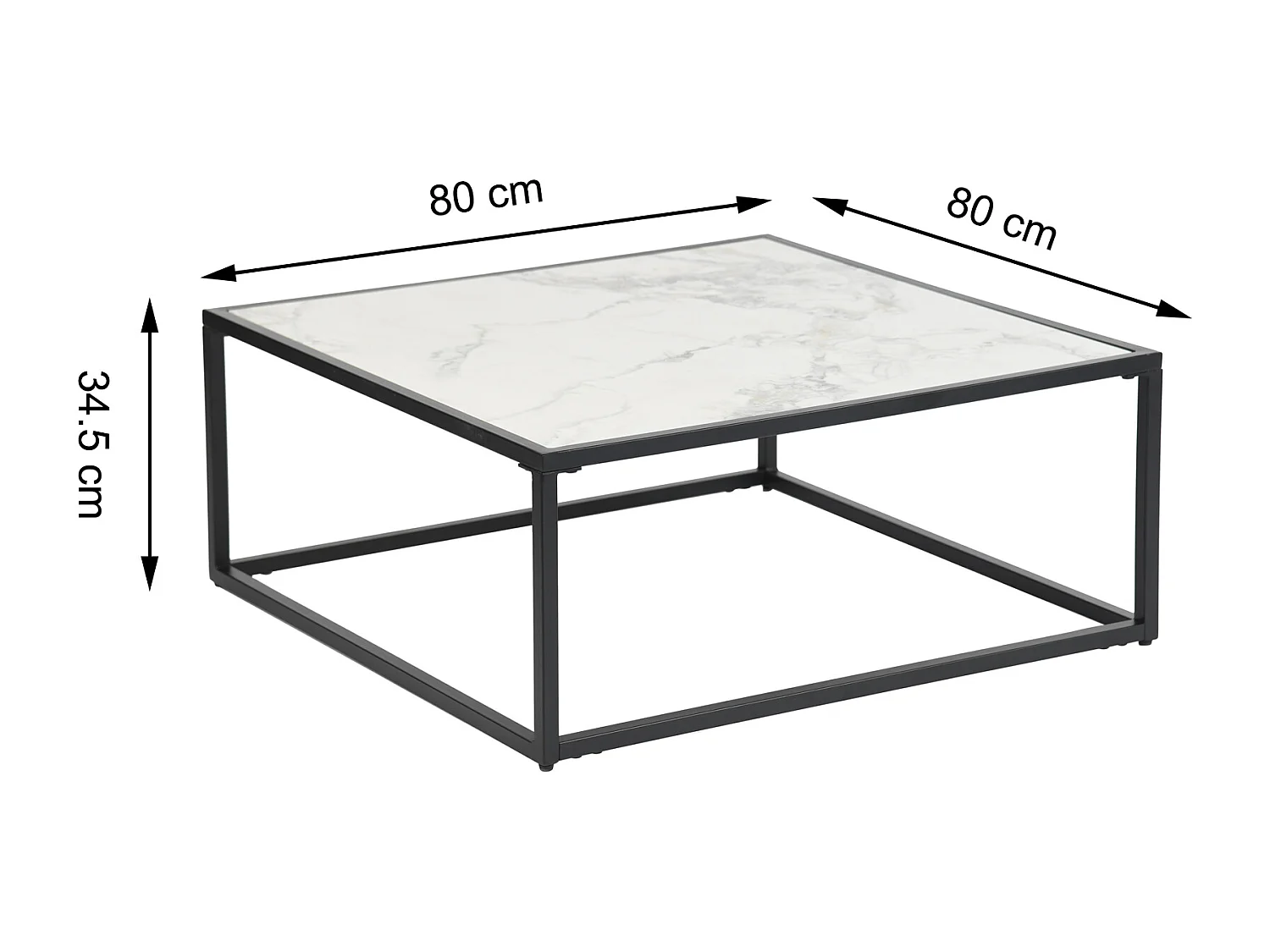 Table basse carrée pierre effet marbre blanc structure noir 80x80cm GAZUDS