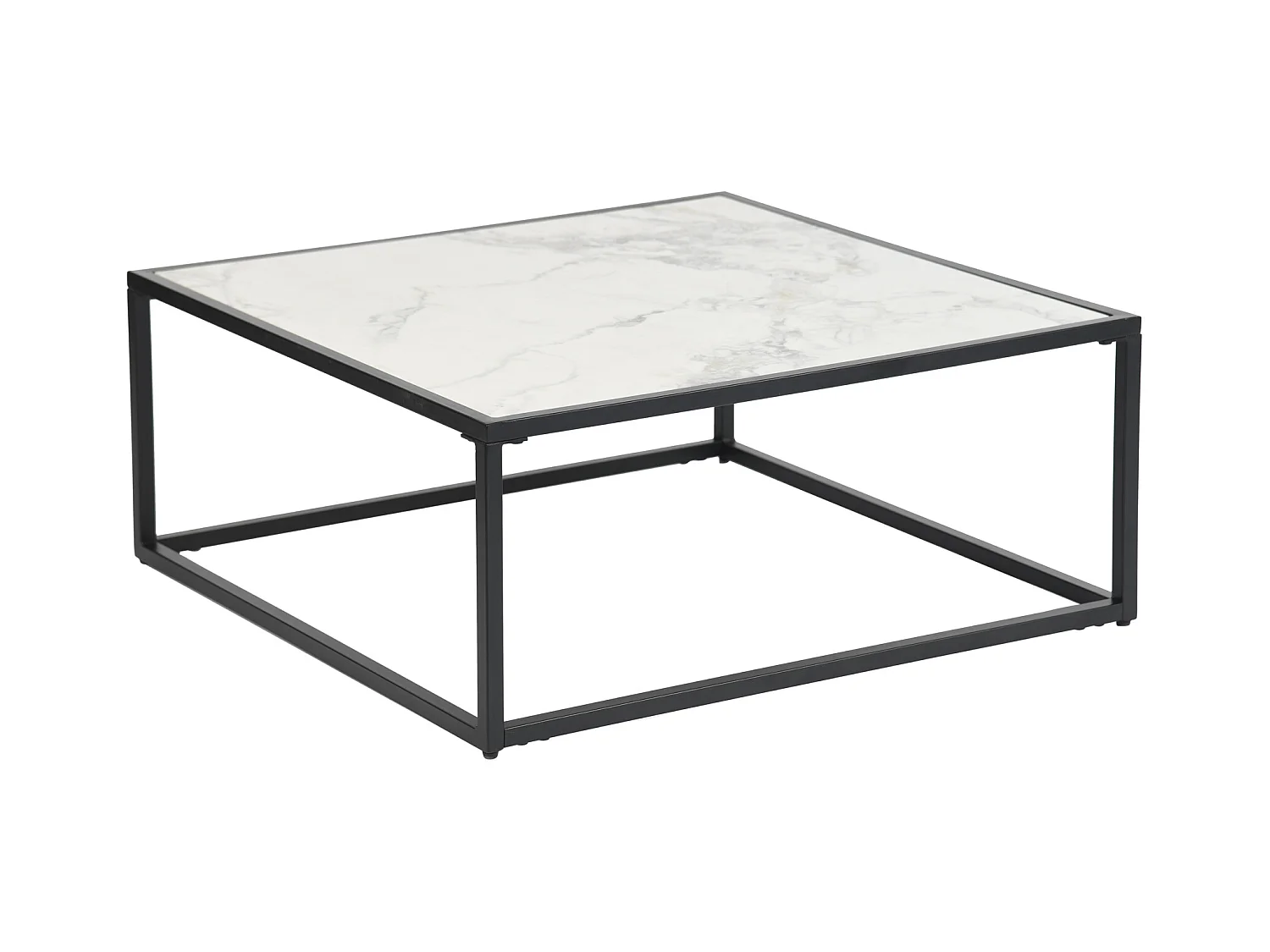 Table basse carrée pierre effet marbre blanc structure noir 80x80cm GAZUDS