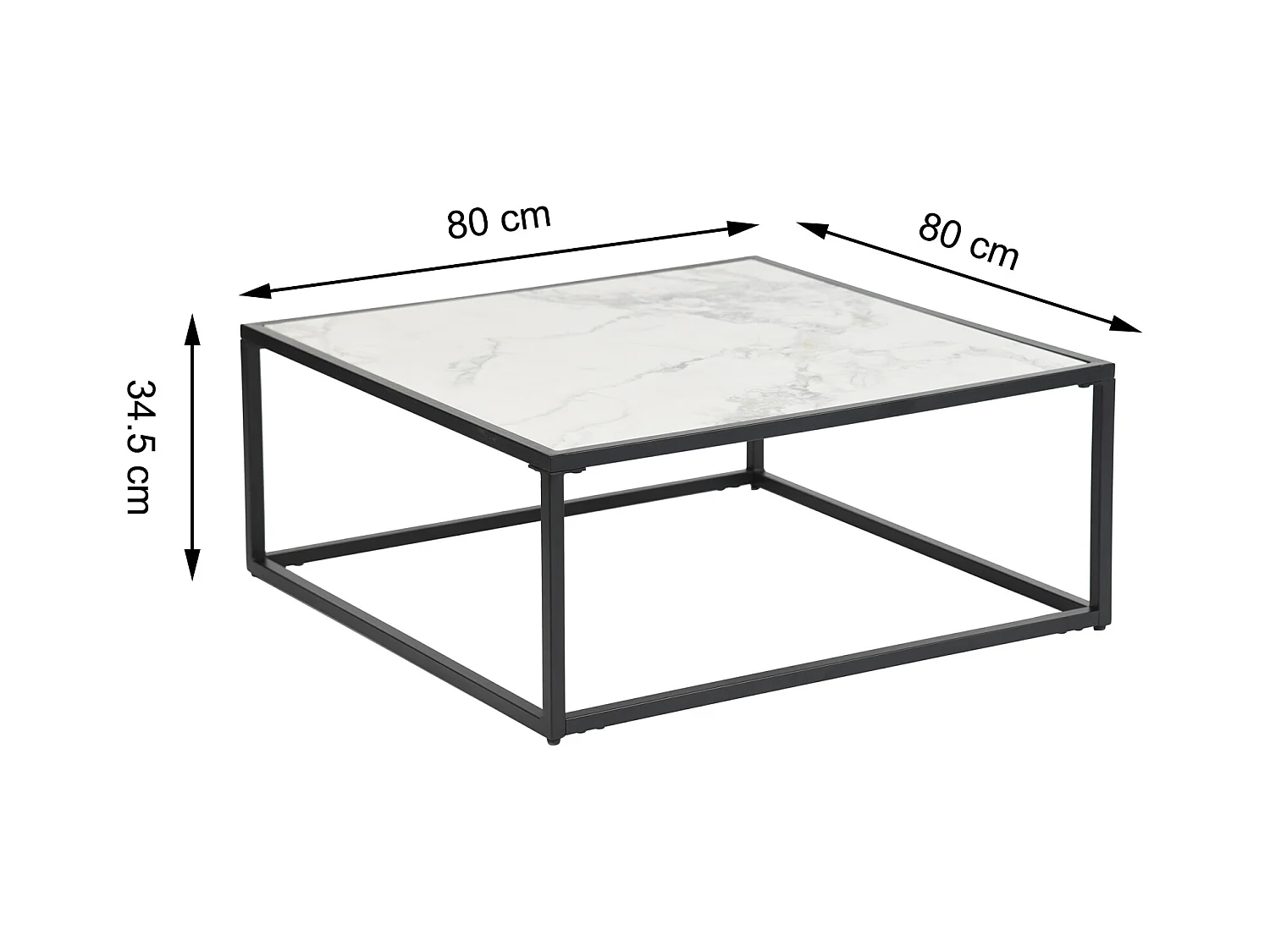 Table basse carrée pierre effet marbre blanc structure noir 80x80cm GAZUDS