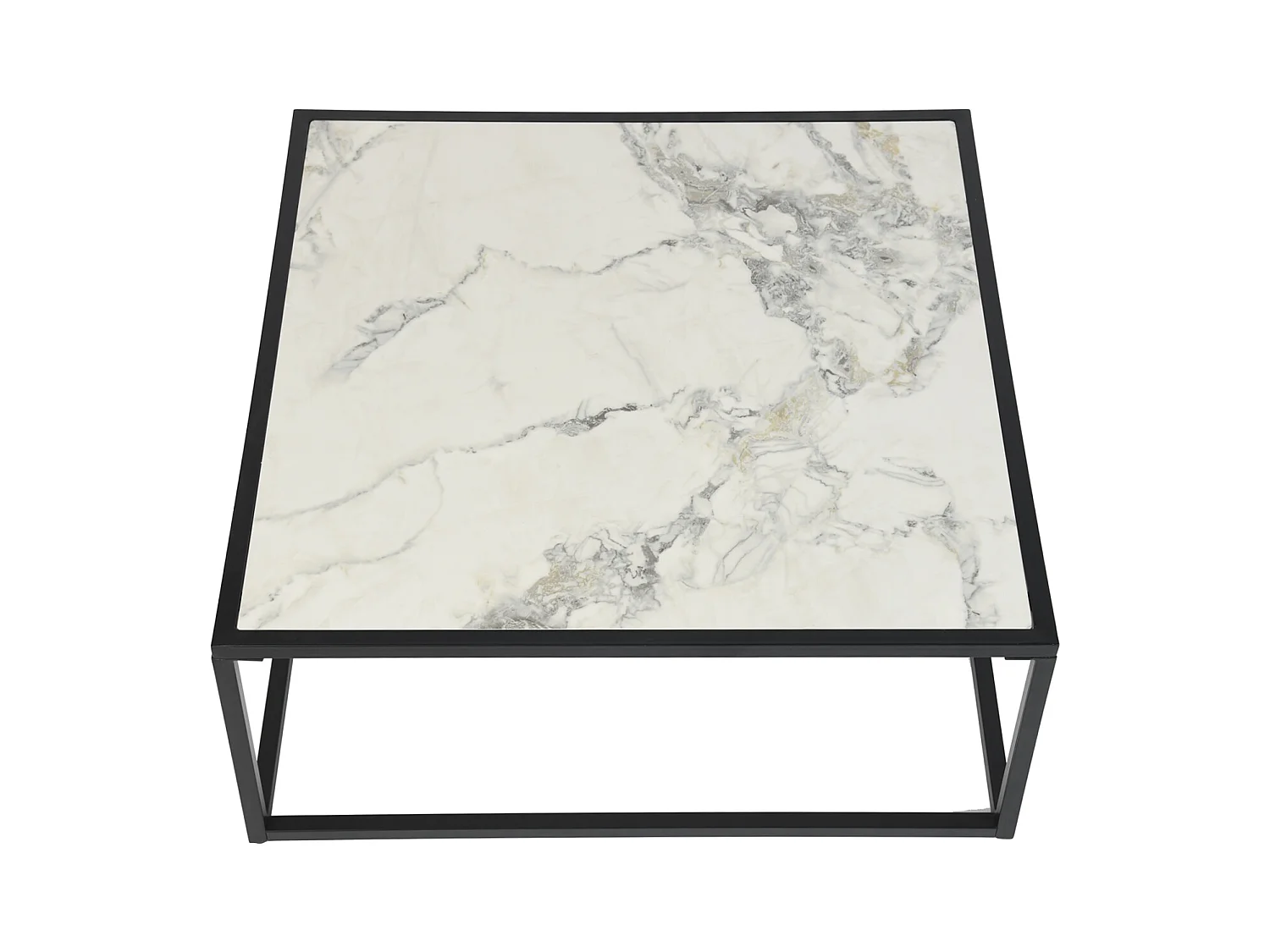 Table basse carrée pierre effet marbre blanc structure noir 80x80cm GAZUDS