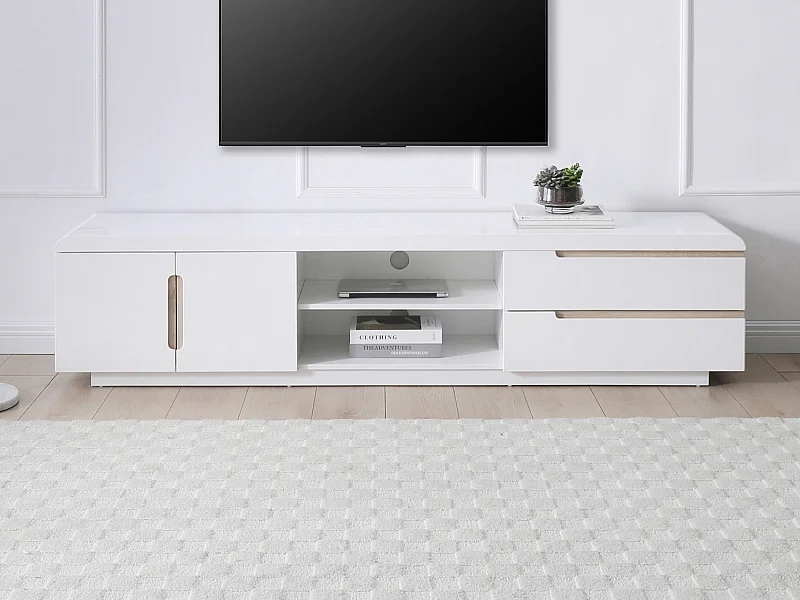 TV-Möbel mit 2 Türen, 2 Schubladen & 2 Ablagefächern - Weiß & Holzfarben - NURINI