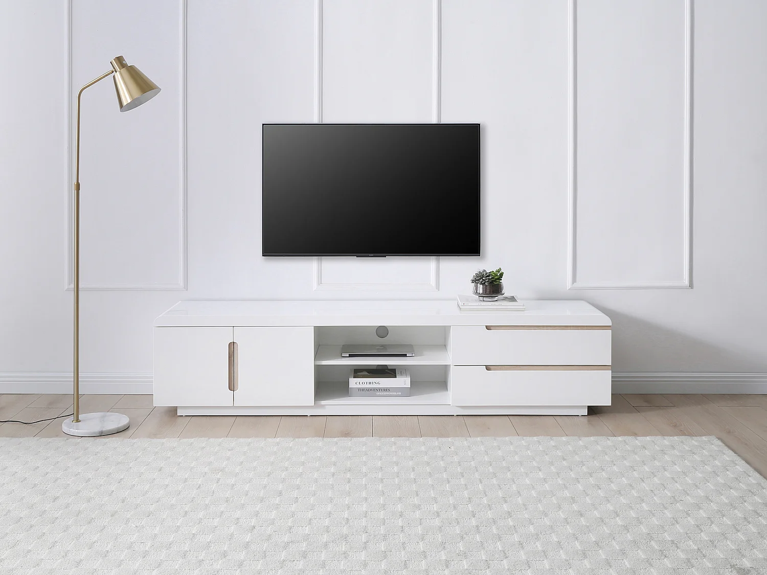 Meuble TV avec 2 portes, 2 tiroirs et 2 niches - Blanc et naturel - NURINI