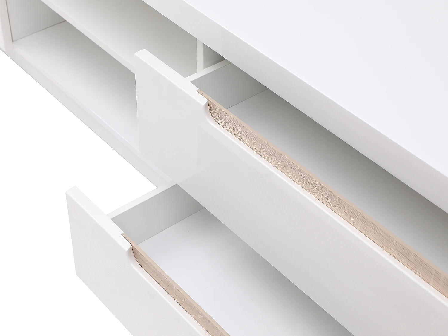 Meuble TV avec 2 portes, 2 tiroirs et 2 niches - Blanc et naturel - NURINI