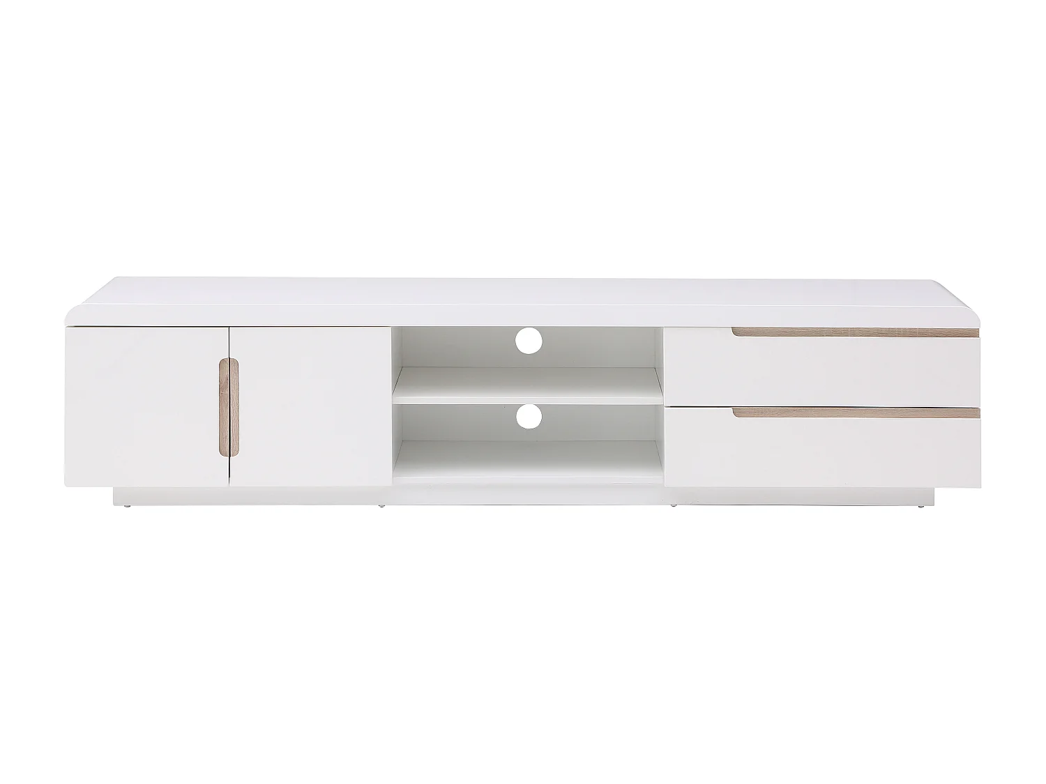 Meuble TV avec 2 portes, 2 tiroirs et 2 niches - Blanc et naturel - NURINI