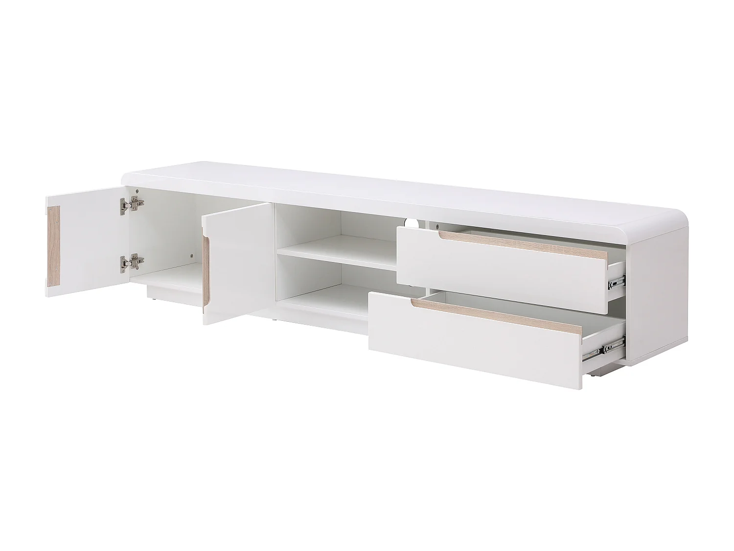 Meuble TV avec 2 portes, 2 tiroirs et 2 niches - Blanc et naturel - NURINI