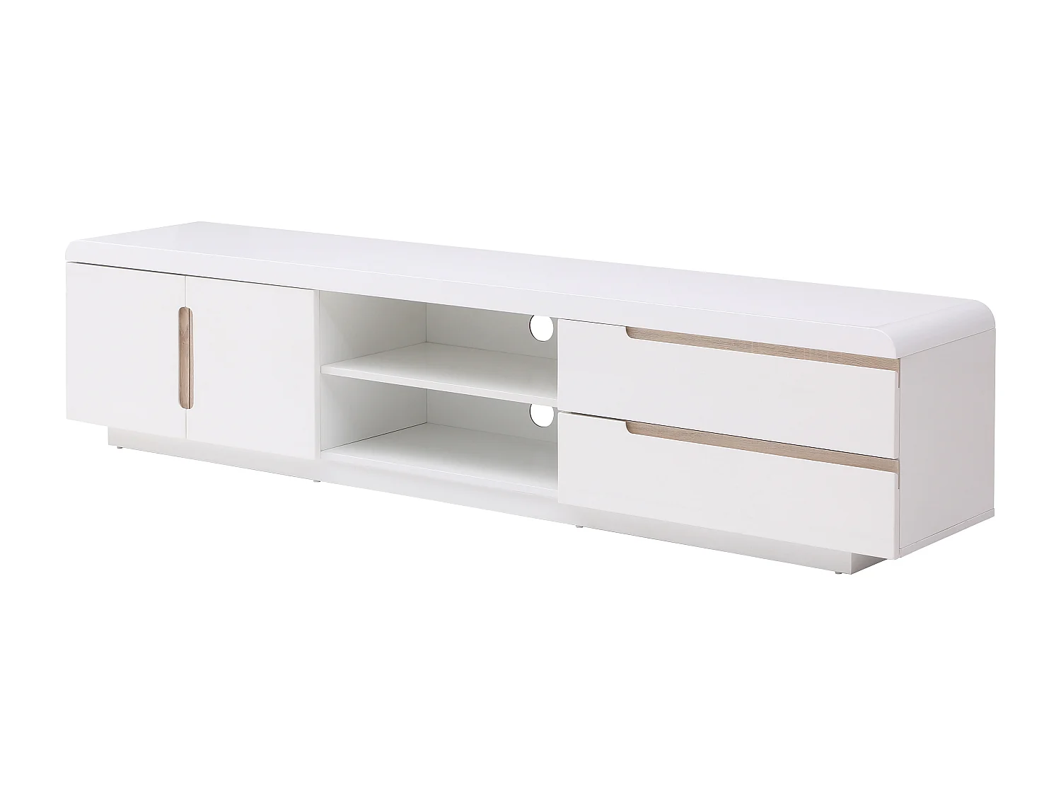 Meuble TV avec 2 portes, 2 tiroirs et 2 niches - Blanc et naturel - NURINI