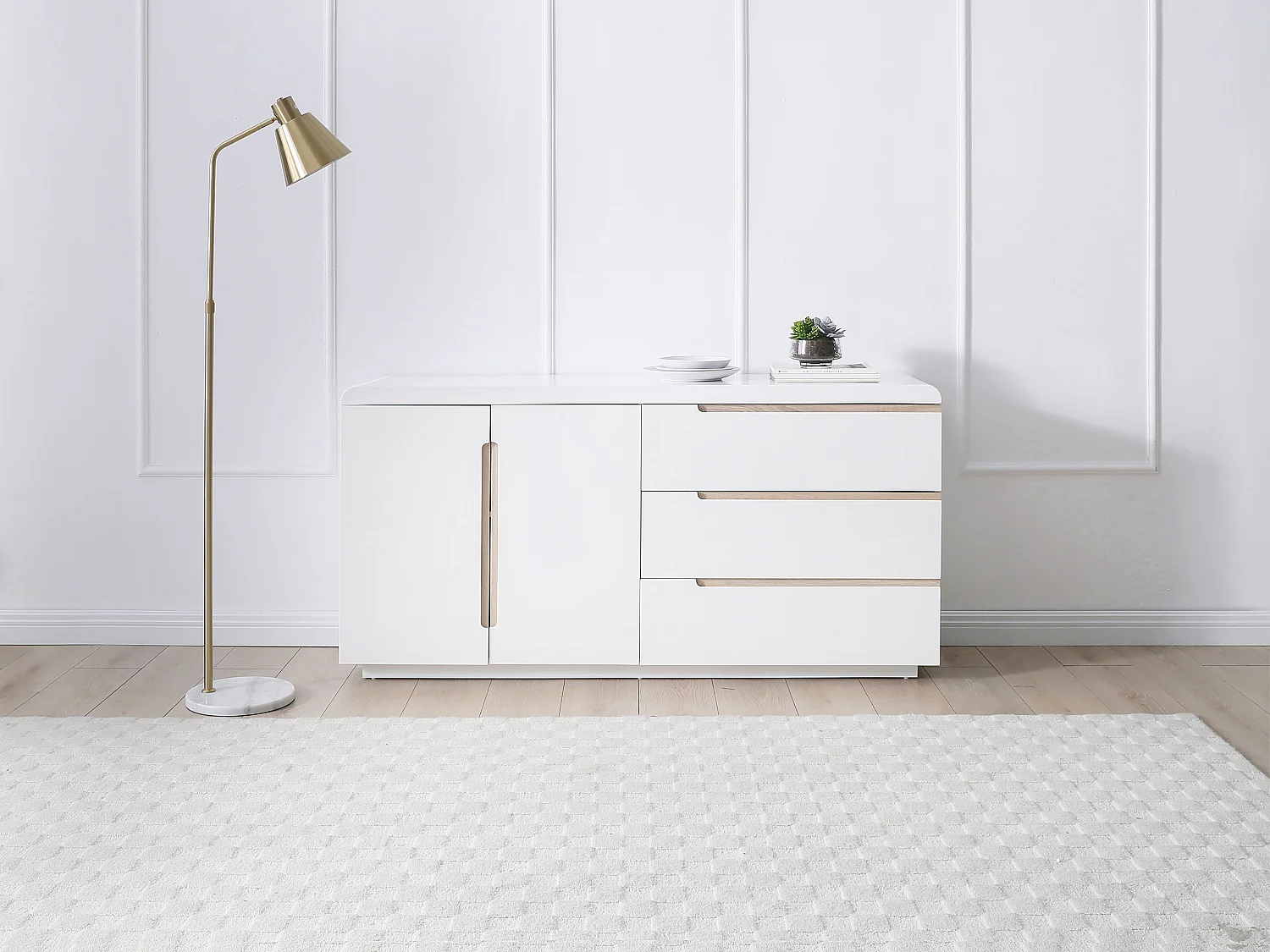 Buffet avec 2 portes et 3 tiroirs - Blanc et naturel - NURINI