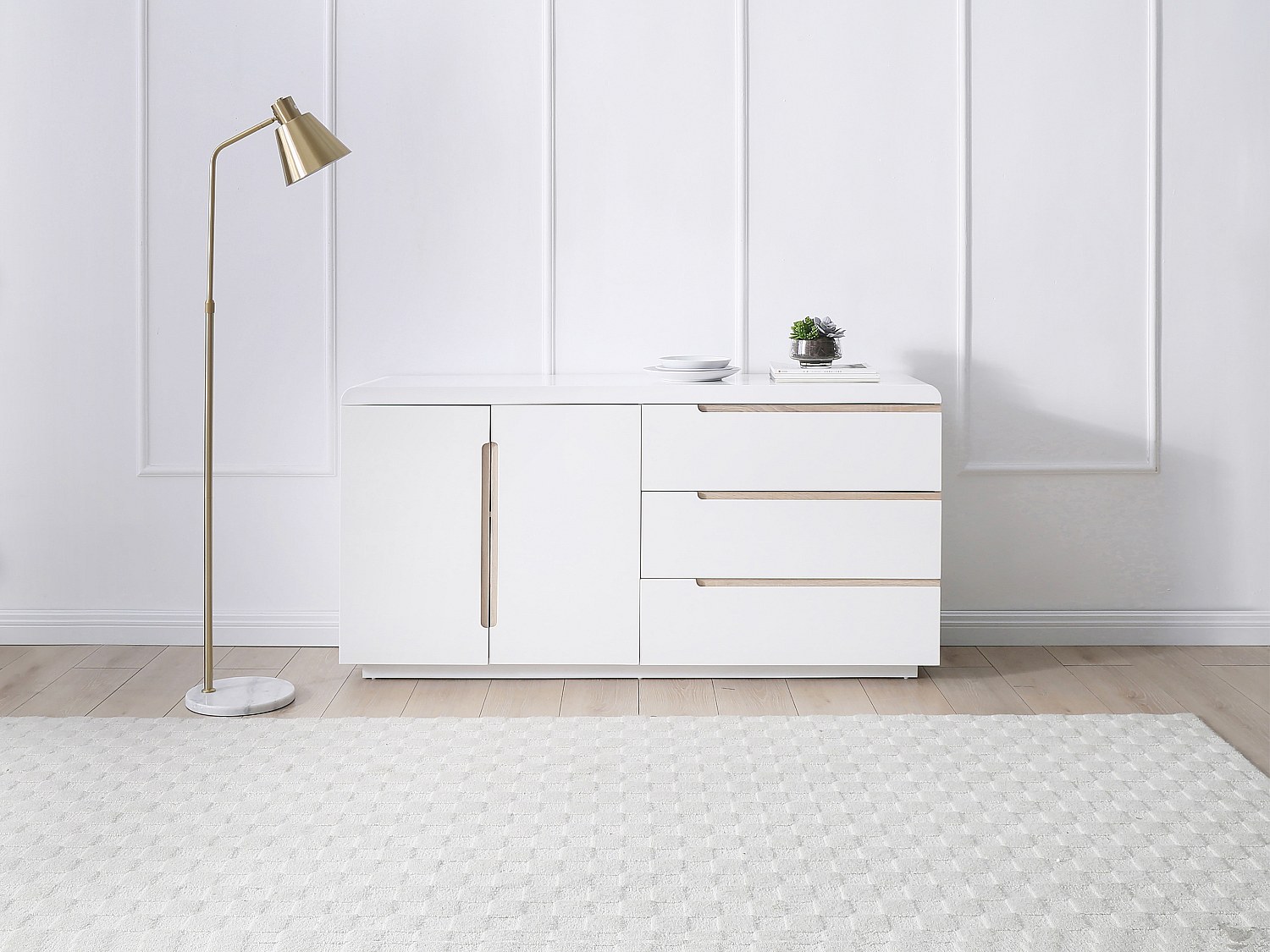 Sideboard mit 2 Türen & 3 Schubladen - Weiß & Holzfarben - NURINI günstig online kaufen