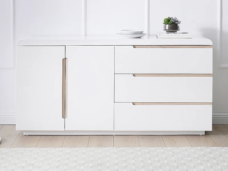 Buffet avec 2 portes et 3 tiroirs - Blanc et naturel - NURINI