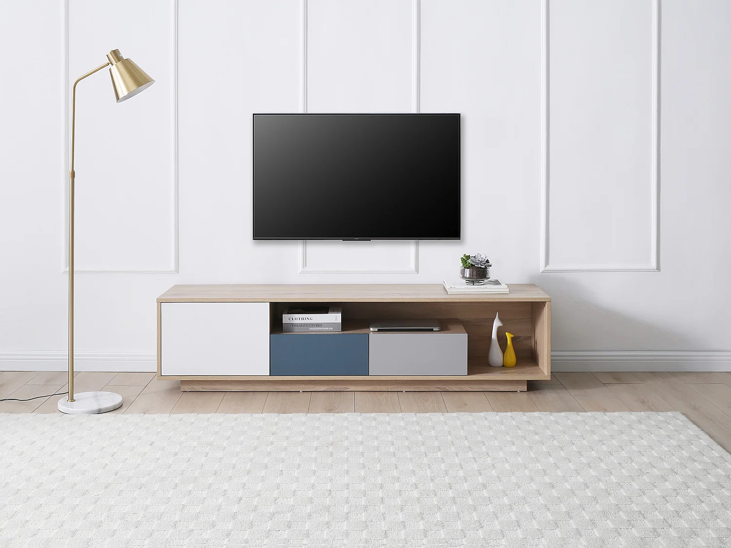 Meuble TV avec 1 porte, 2 tiroirs et 1 niche - Multicolore - FILUTIA