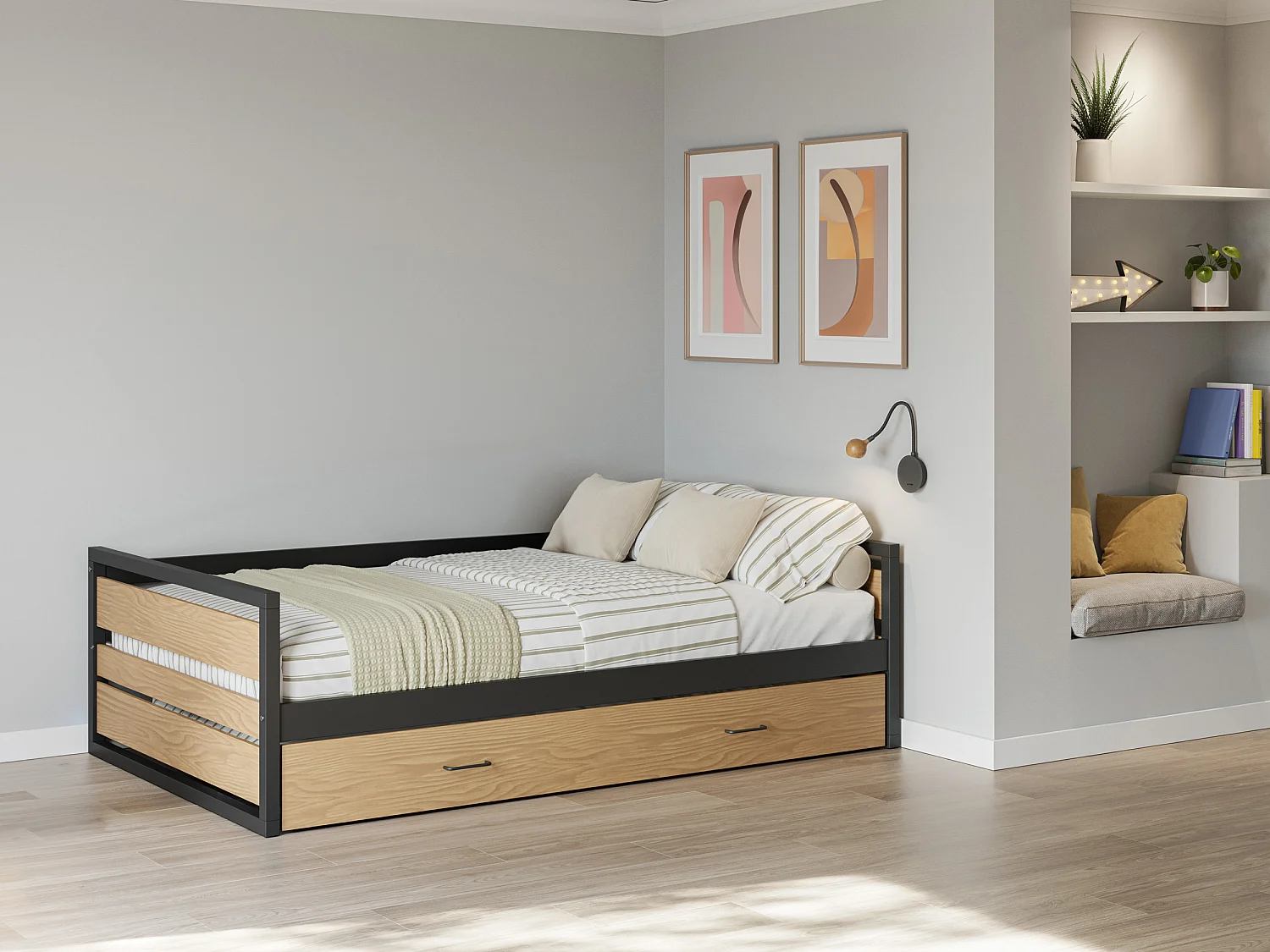 Letto a scomparsa 120 x 200 e 90 x 200 cm MDF, Pino e Metallo Naturale e Antracite + Materasso  - BOSTON