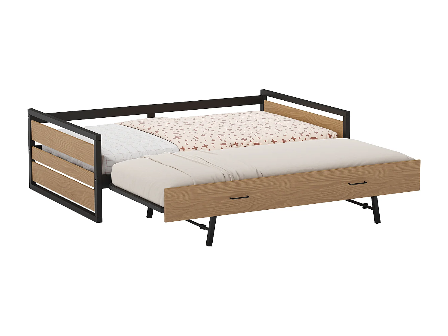 Letto a scomparsa 120 x 200 e 90 x 200 cm MDF, Pino e Metallo Naturale e Antracite + Materasso  - BOSTON