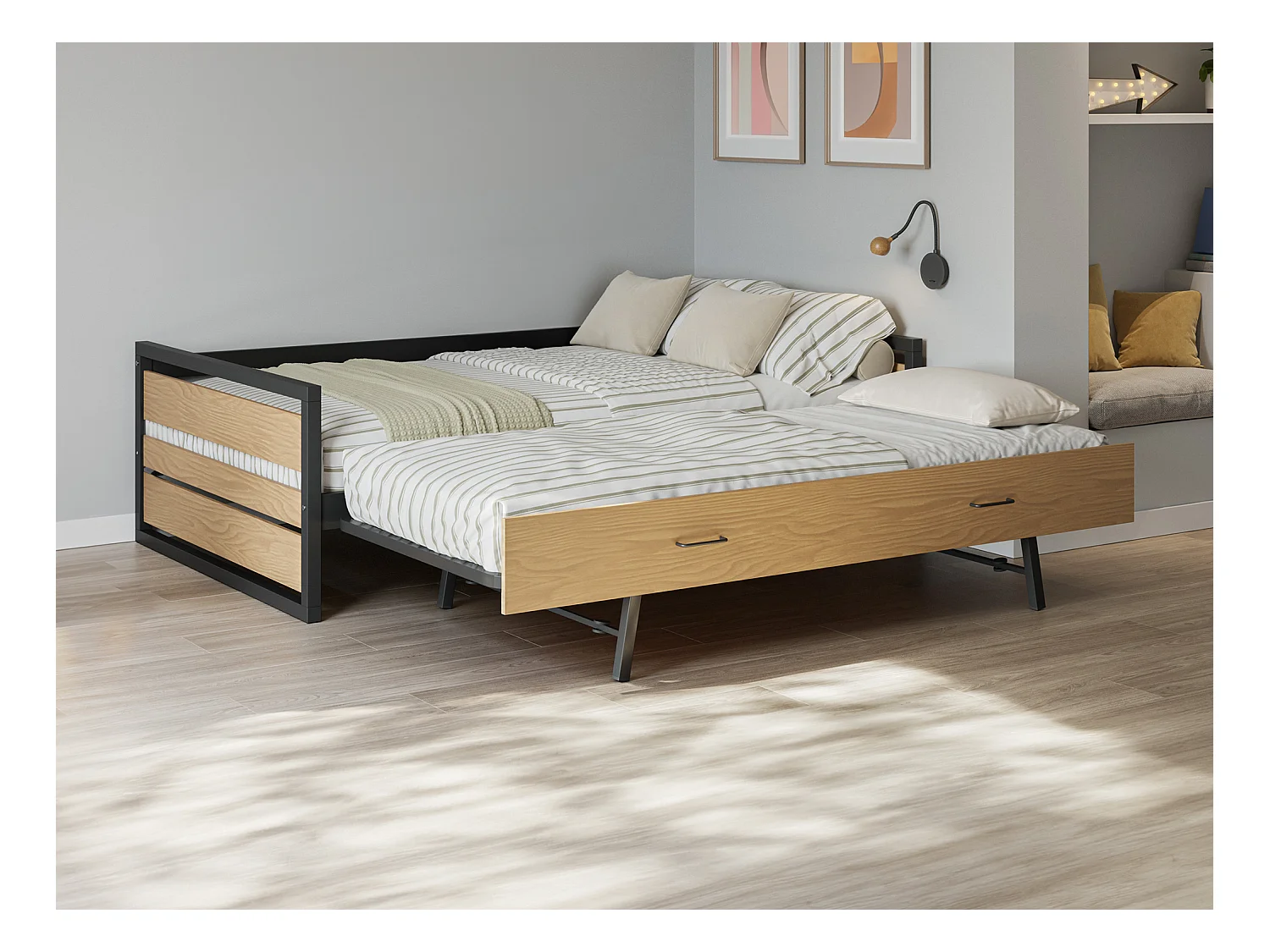 Uitschuifbaar bed 120 x 200 en 90 x 200 cm - Mdf, grenen en metaal - Naturel en antraciet + matras - BOSTON
