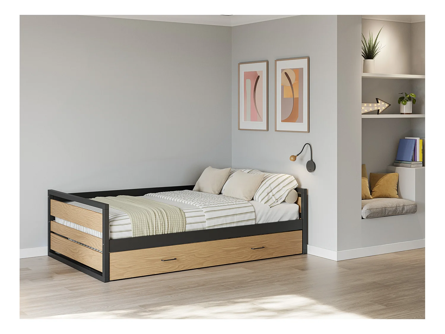 Łóżko wysuwane 120 x 200 i 90 x 200 cm - MDF, drewno sosnowe i metal - Naturalny i antracytowy + Materac - BOSTON