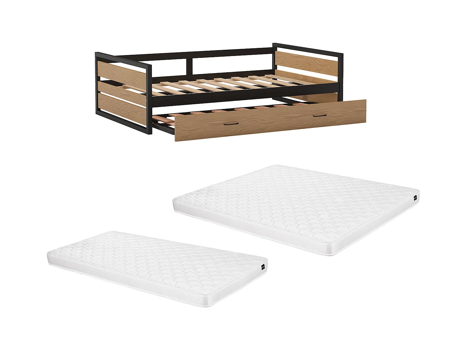 Łóżko wysuwane 120 x 200 i 90 x 200 cm - MDF, drewno sosnowe i metal - Naturalny i antracytowy + Materac - BOSTON